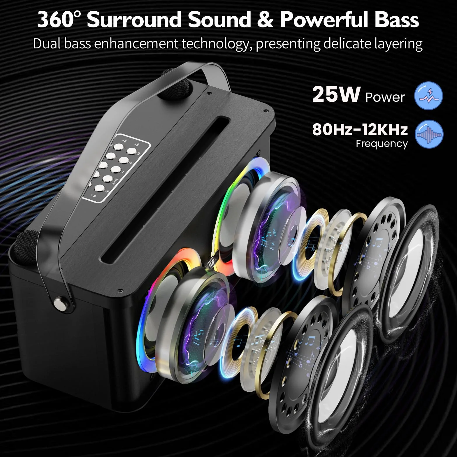 PKBD Machine de Karaoké Portable avec 2 Microphones sans Fil et Lumières LED