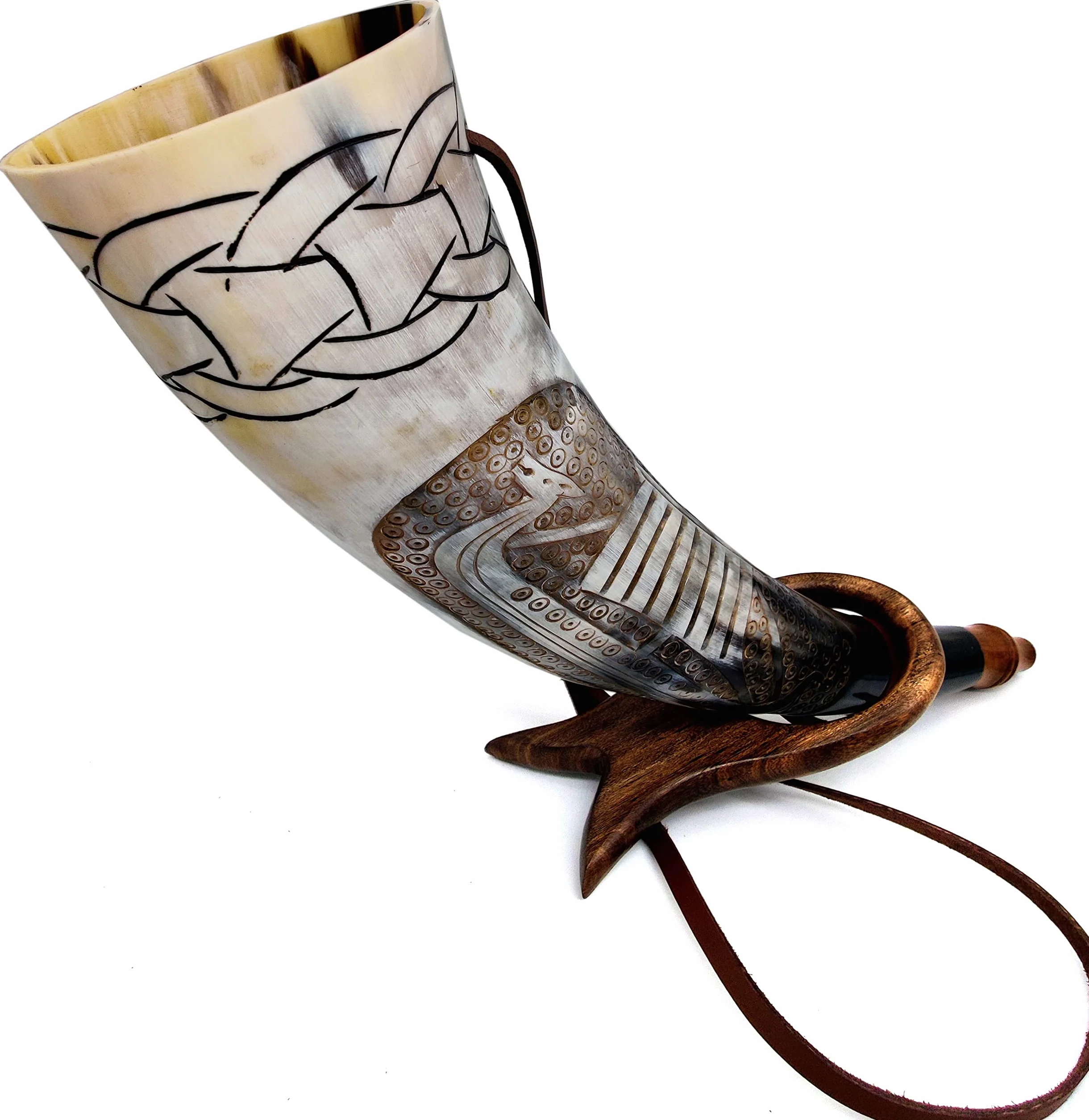 Corne de guerre Viking 40,6 cm – Trompette de combat authentique en corne de bœuf gravée à la main – Corne nordique antique avec support