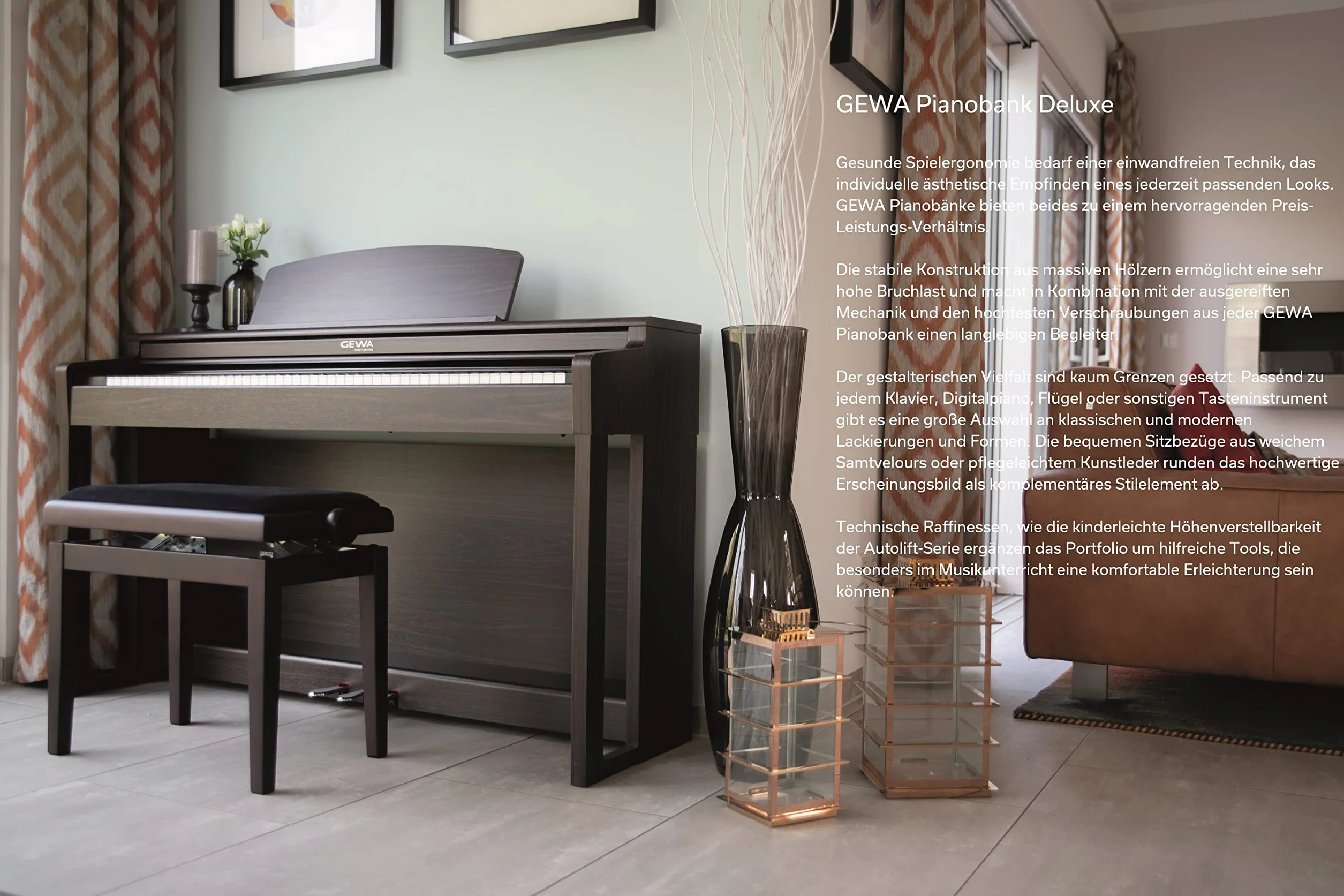Banc de piano GEWA Deluxe bois massif réglable en hauteur acajou mat