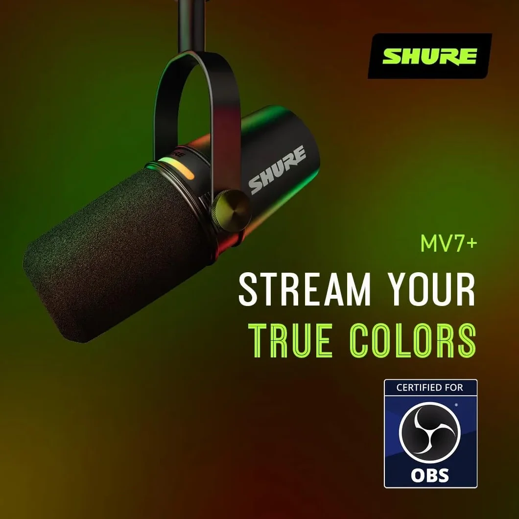 Shure MV7+ Microphone Podcast Audio LED USB-C XLR Auto Level Noir
