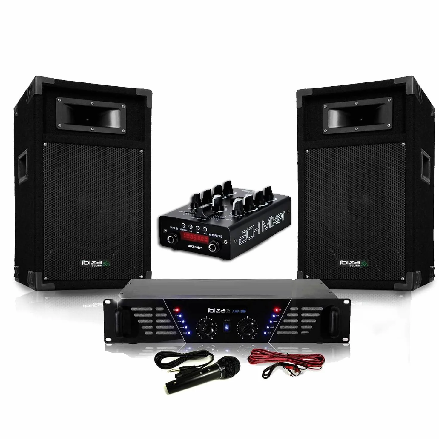 Pack Sono DJ-MIX500-BT 500W Ampli Enceintes Table Mixage USB Bluetooth Micro Câbles