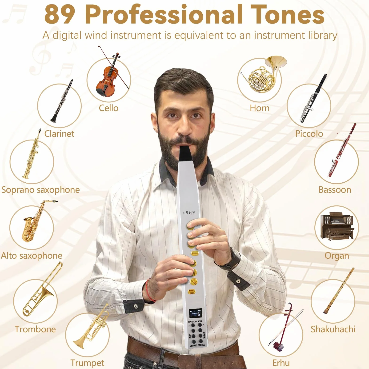 Instrument à vent numérique i8-Pro électronique Bluetooth 89 sonorités 12 touches Blanc