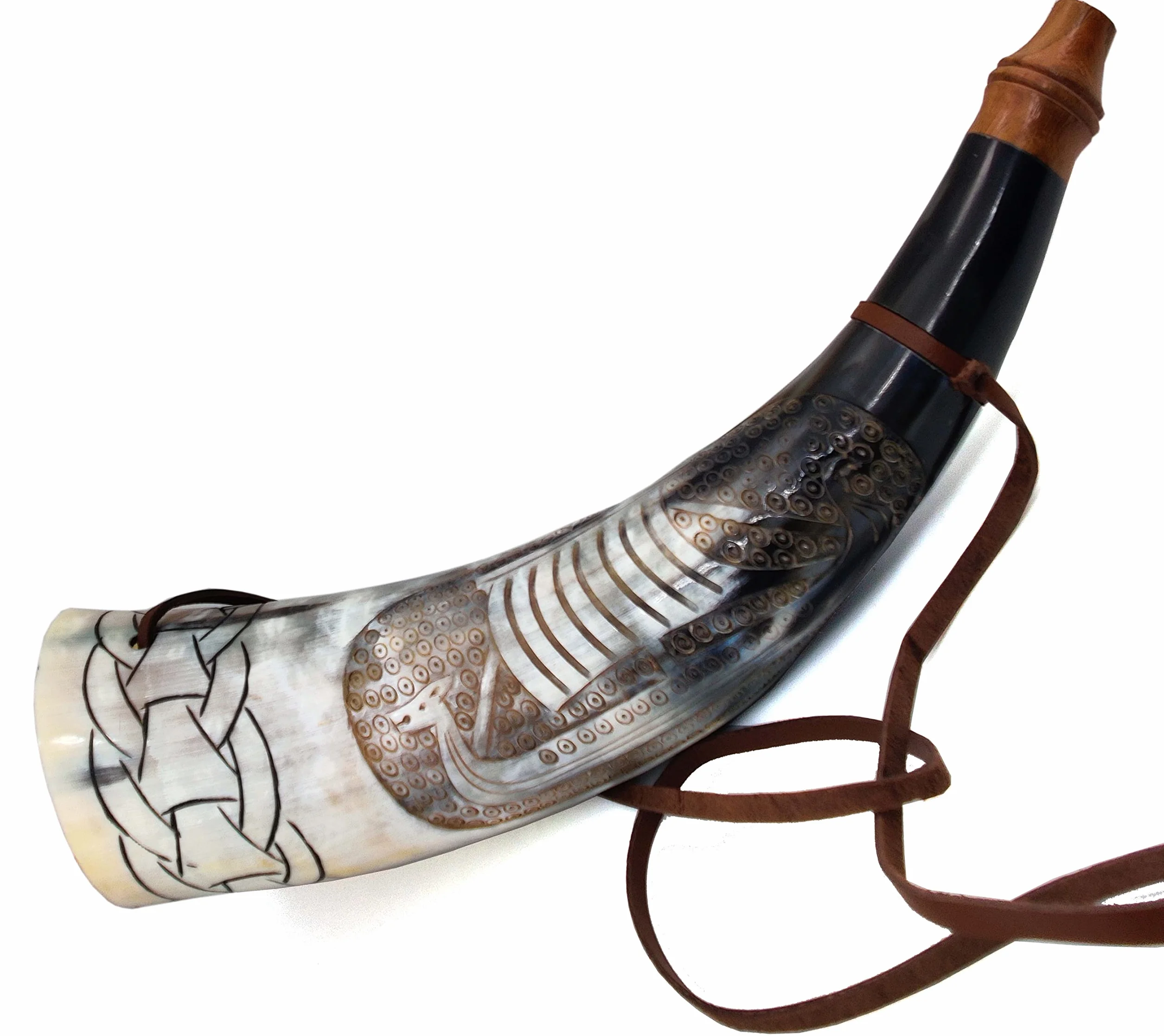 Corne de guerre Viking 40,6 cm – Trompette de combat authentique en corne de bœuf gravée à la main – Corne nordique antique avec support