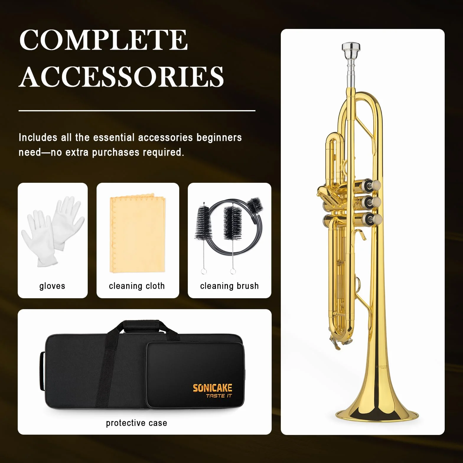 SONICAKE Trompette Bb Standard Débutants Laiton Doré Étui Rigide Embouchure 7C Gants QTP-01