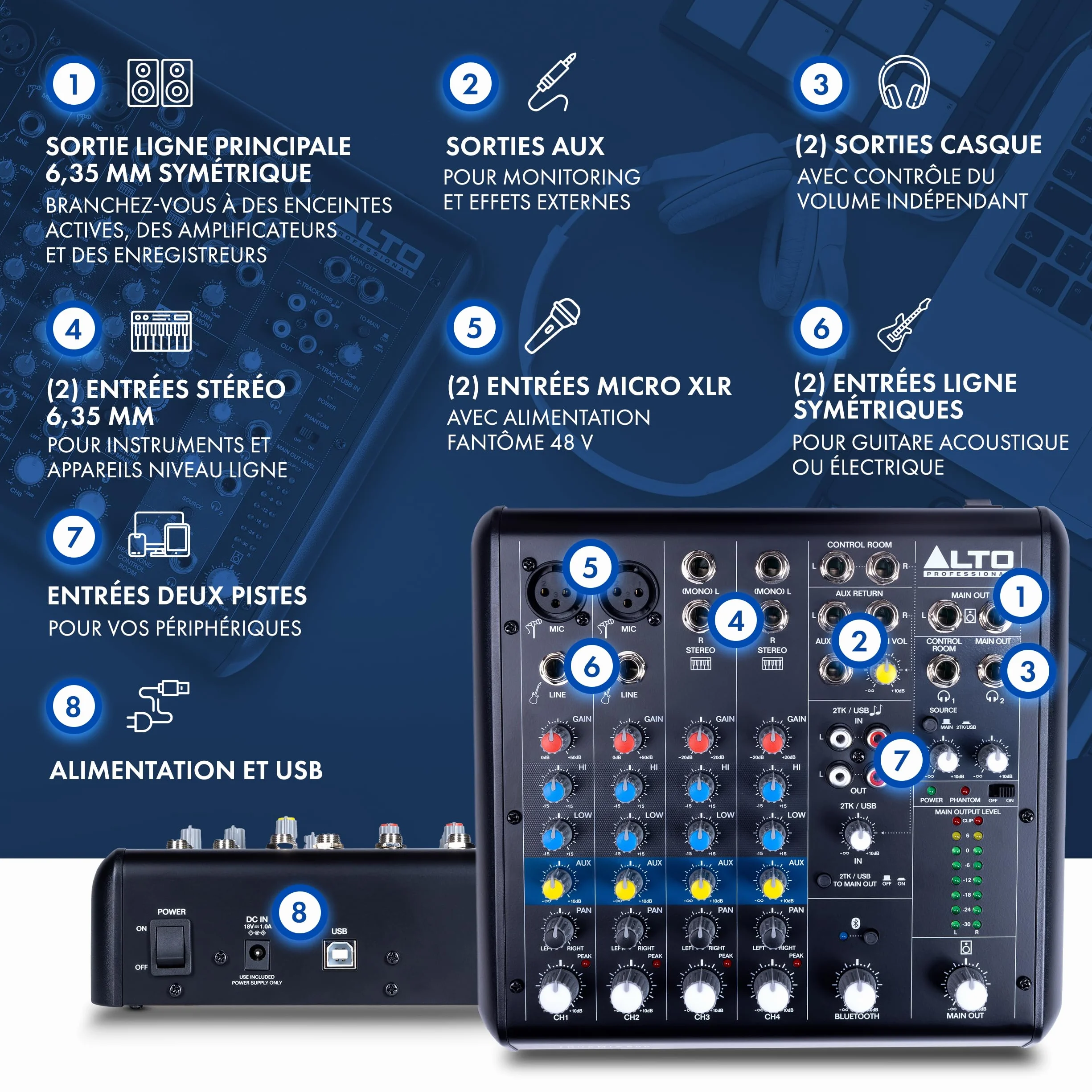 ALTO TrueMix 600 Mixeur Audio 2 Entrées Micro XLR Interface Audio USB Bluetooth Podcasts Concerts Enregistrements DJ