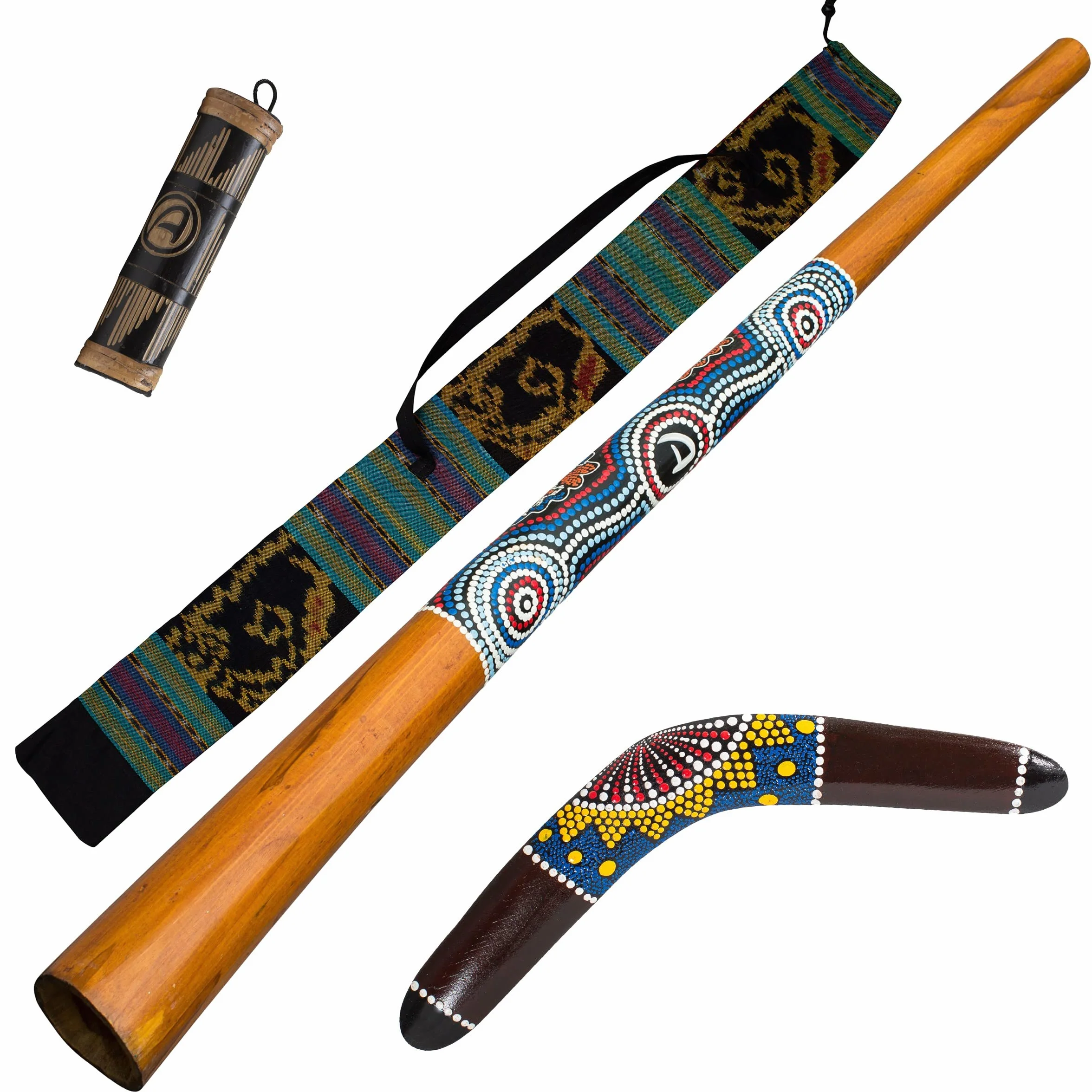 Didgeridoo en bois 130cm avec sac, boomerang 40cm, bâton de pluie 20cm - Paquet Dreamtime