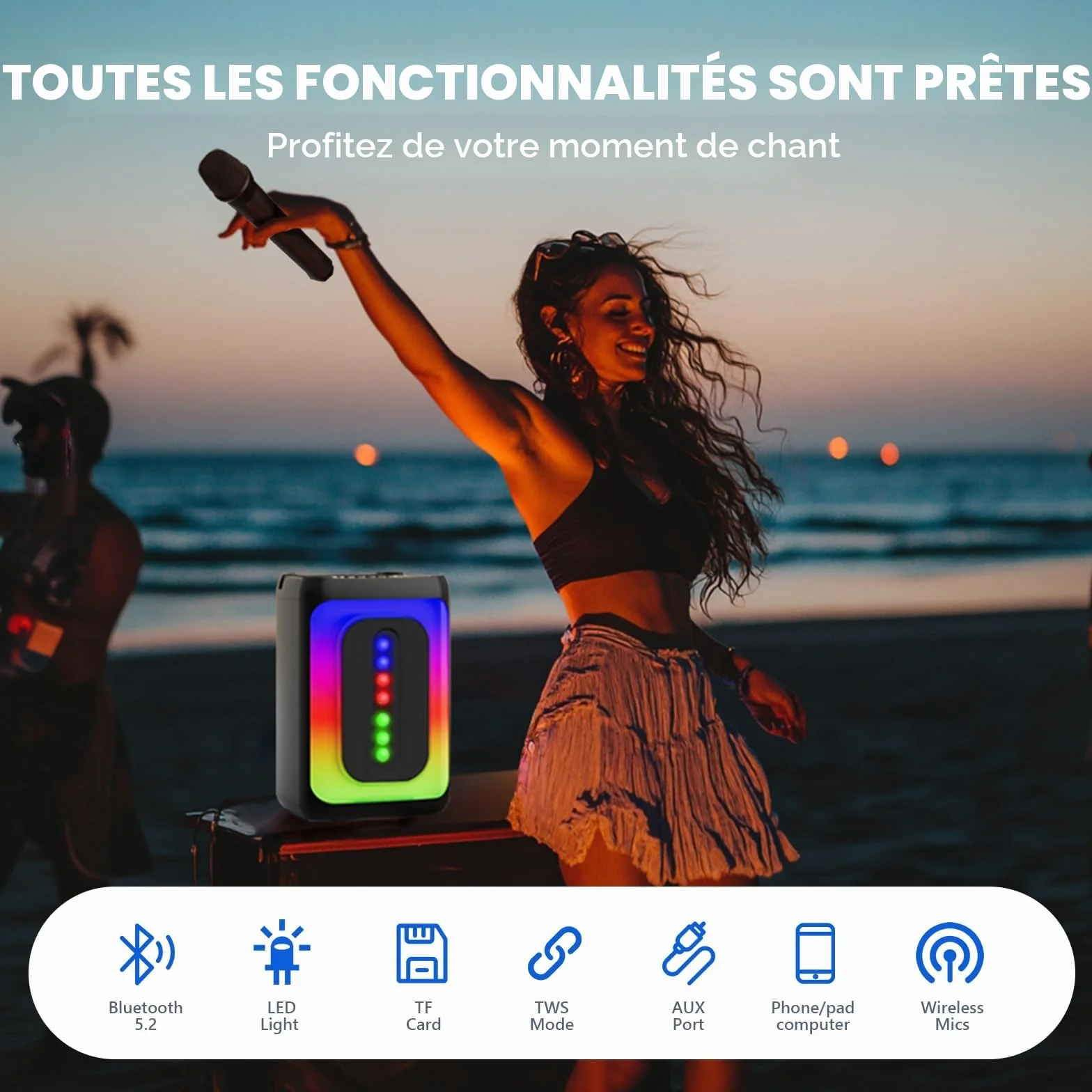 Ankuka Enceinte Bluetooth Karaoké Portable avec 2 Microphones, Lumières LED, TF/USB, FM, Aux, TWS, Noir