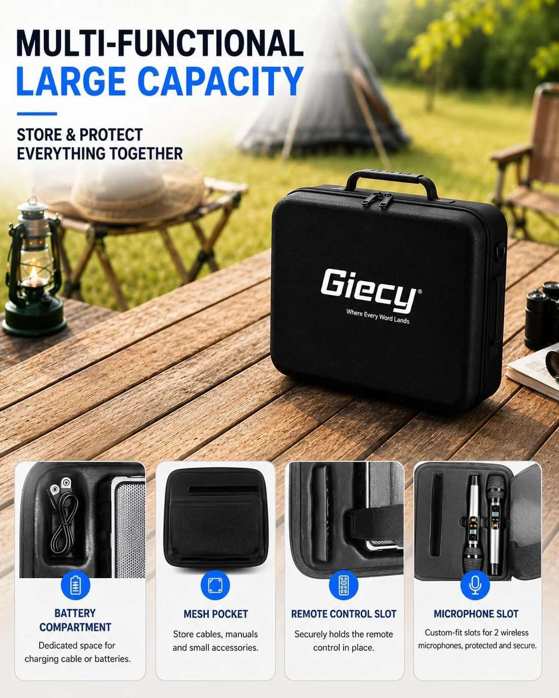 Amplificateur de Voix Portable avec Microphones sans Fil UHF, Enceinte Bluetooth Karaoké, Sac de Transport