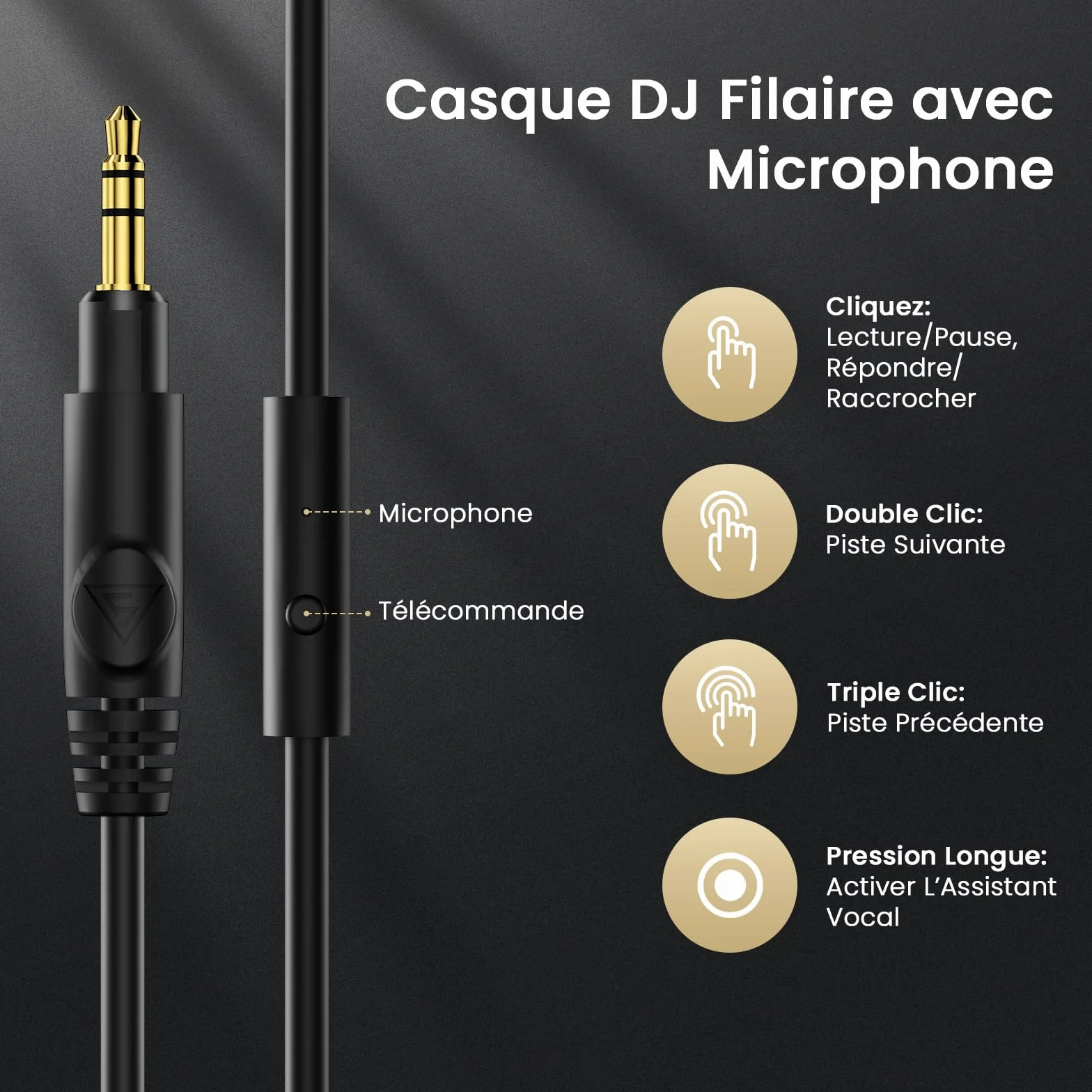 DOQAUS Casque Filaire DJ 50 mm 3,5 mm 6,35 mm pour PC AMP Recording Piano Guitare Noir