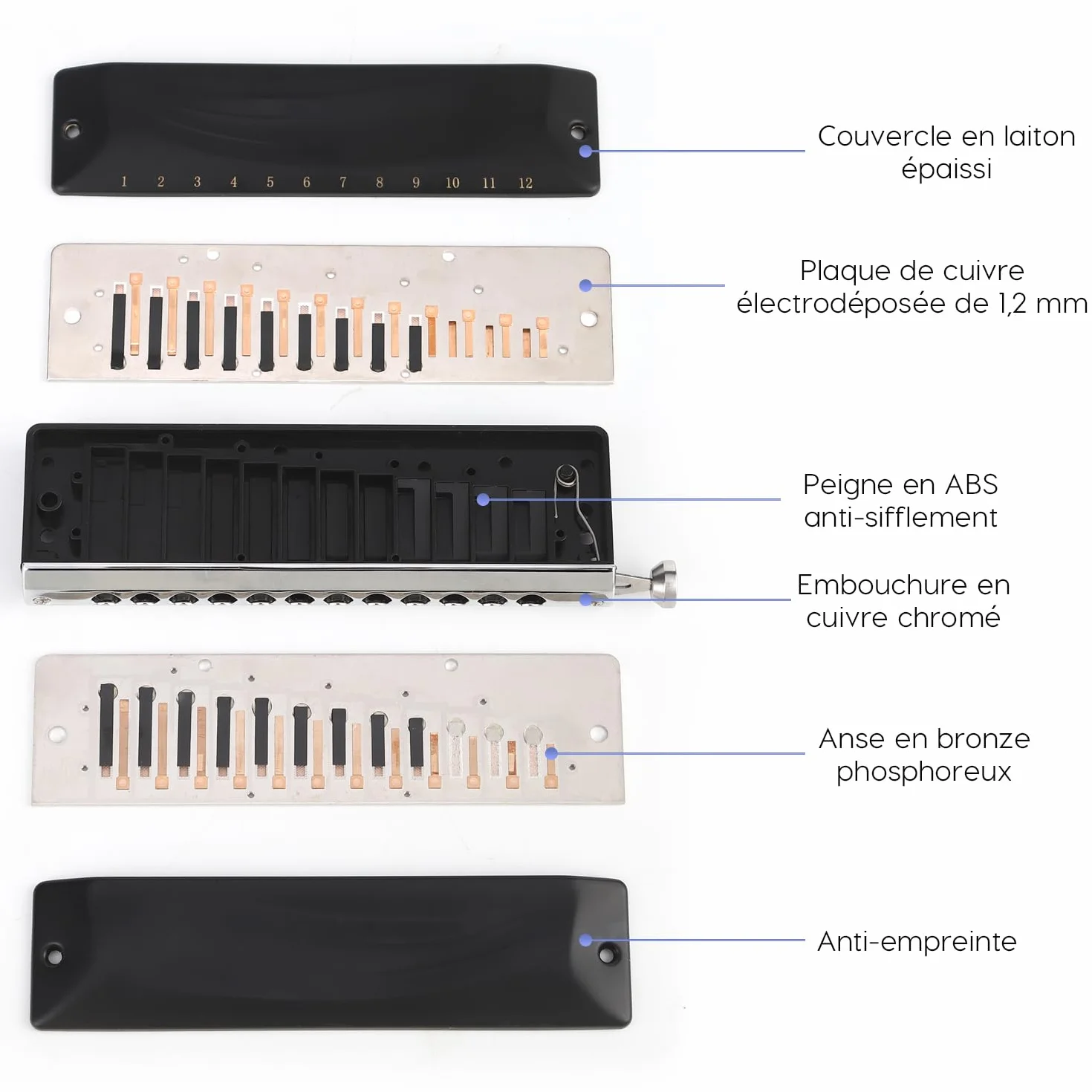 Harmonica Chromatique Clé de Do 12 Trous 48 Tonalités pour Enfants Débutants Adultes