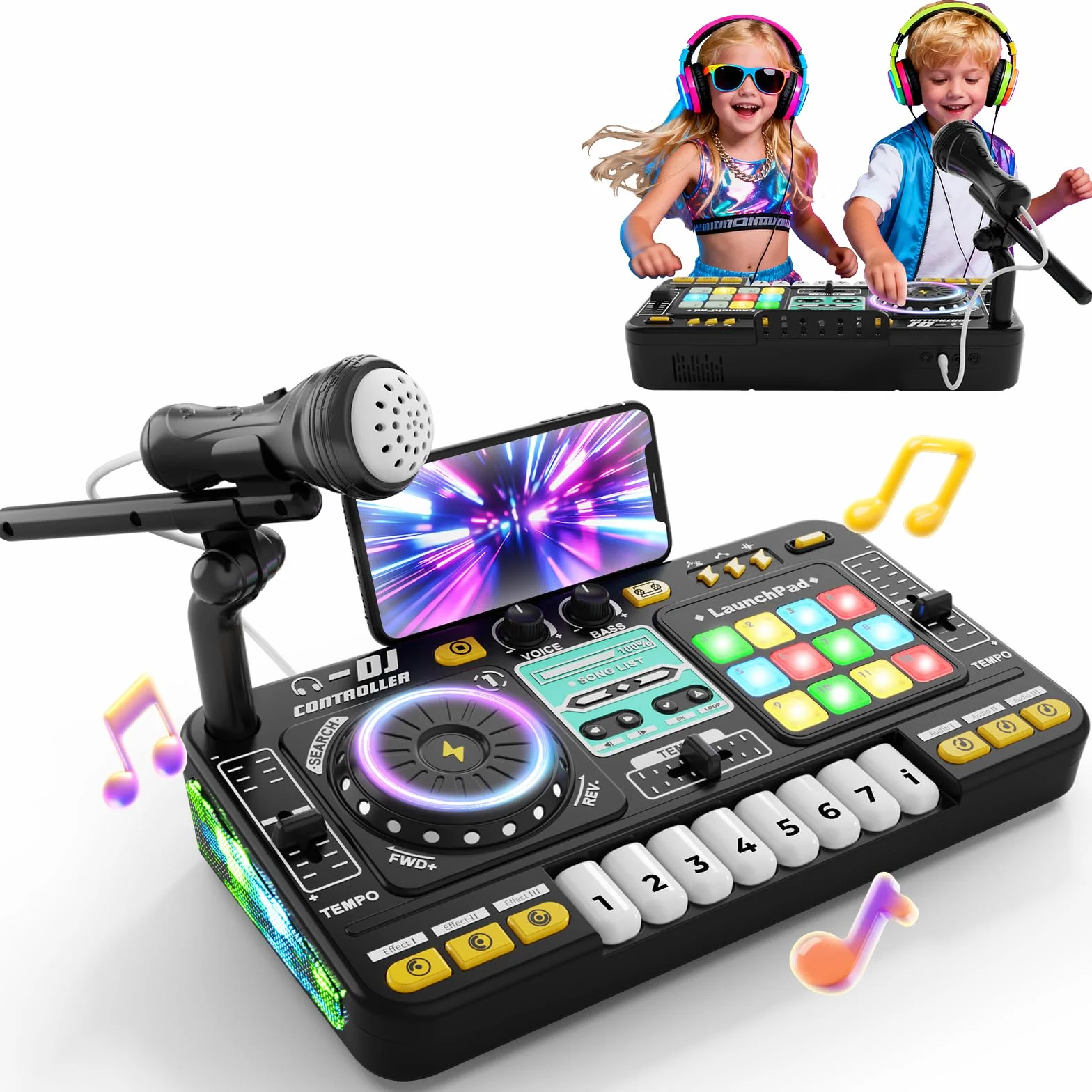 Table de mixage DJ pour enfants 3-10 ans avec microphone, 100 effets sonores, batterie, cadeau débutant garçon fille