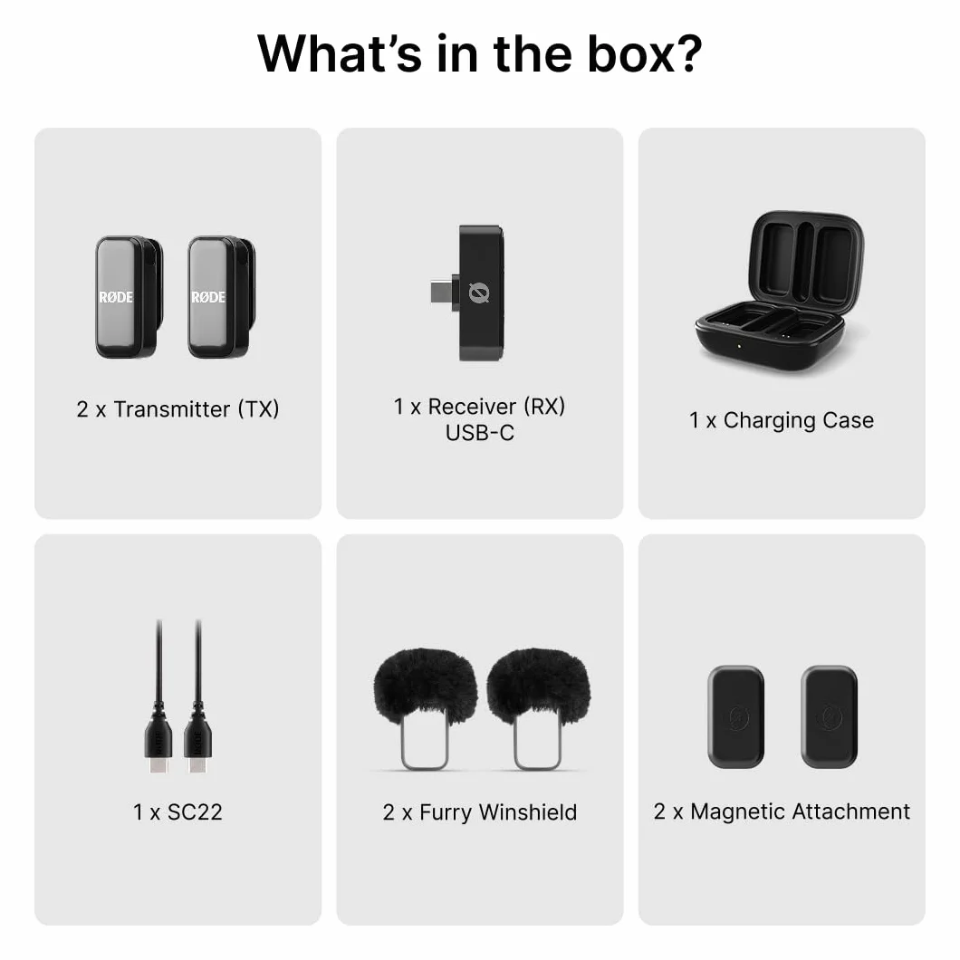RØDE Wireless Micro, Microphone sans Fil Compact, Deux micros avec boîtier de Charge USB-C Noir