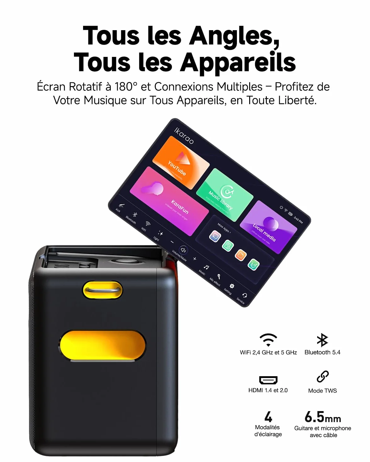 Karaoké Adulte avec Écran, Haut-Parleur Bluetooth Portable avec 2 Microphones sans Fil, Lumières LED pour Fêtes Break X2 Noir