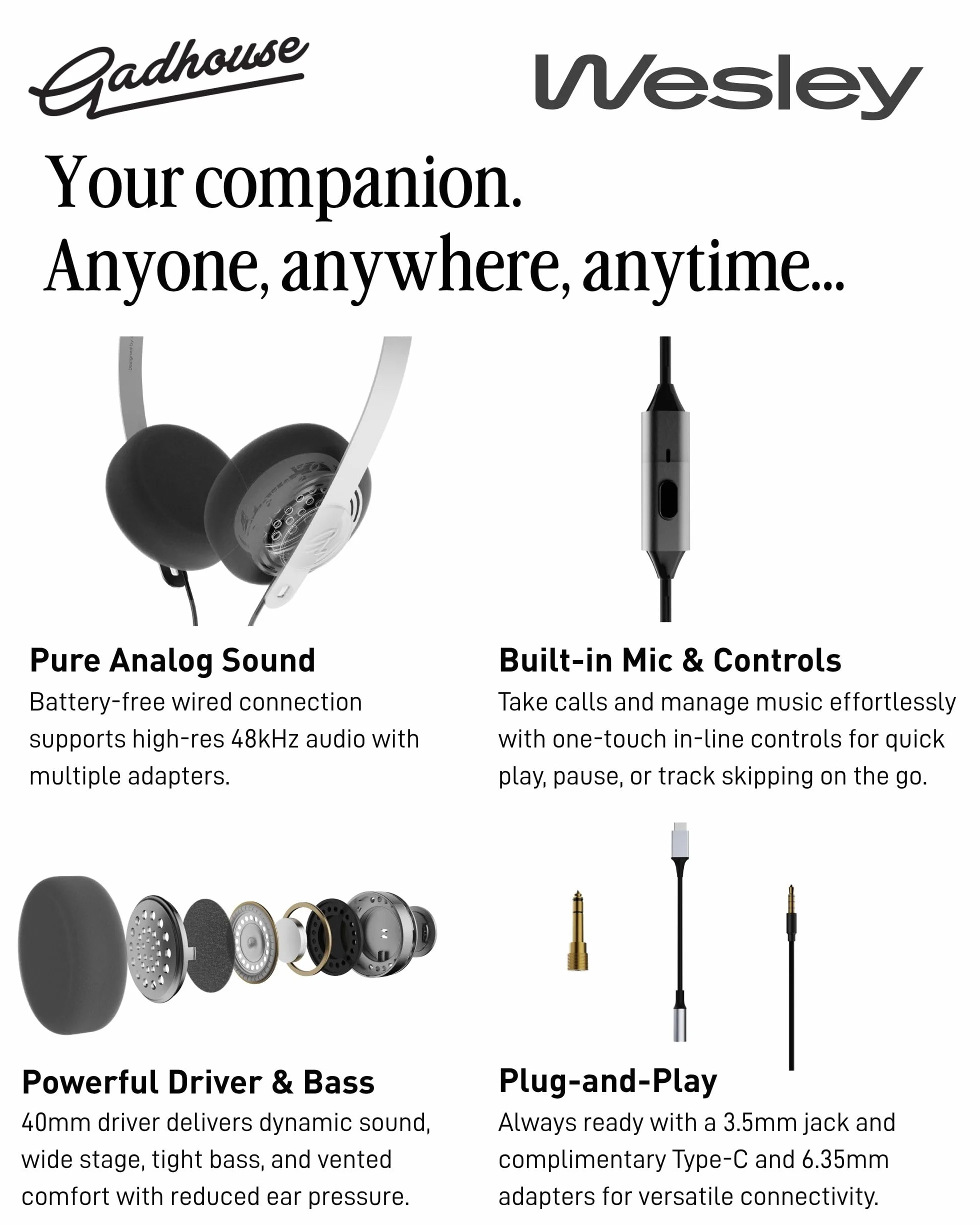 Gadhouse Wesley Casque rétro Filaire USB-C 3,5 mm Pilotes 40 mm Micro intégré Léger 105 g