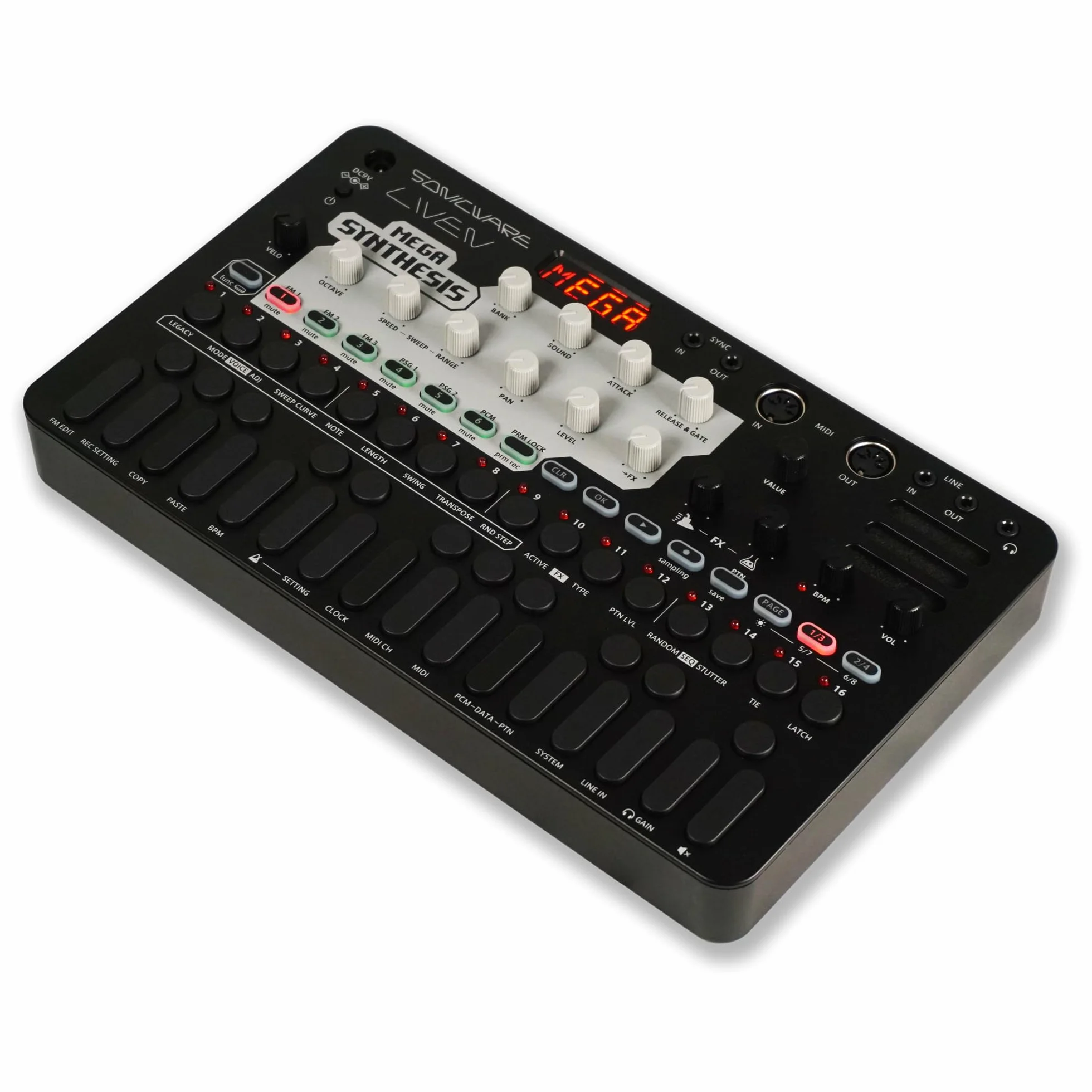 Sonicware Liven MEGA SYNTHESIS Compositeur de musique rétro 320 sons FM 64 kits percussions PCM séquenceur 6 pistes 10 effets
