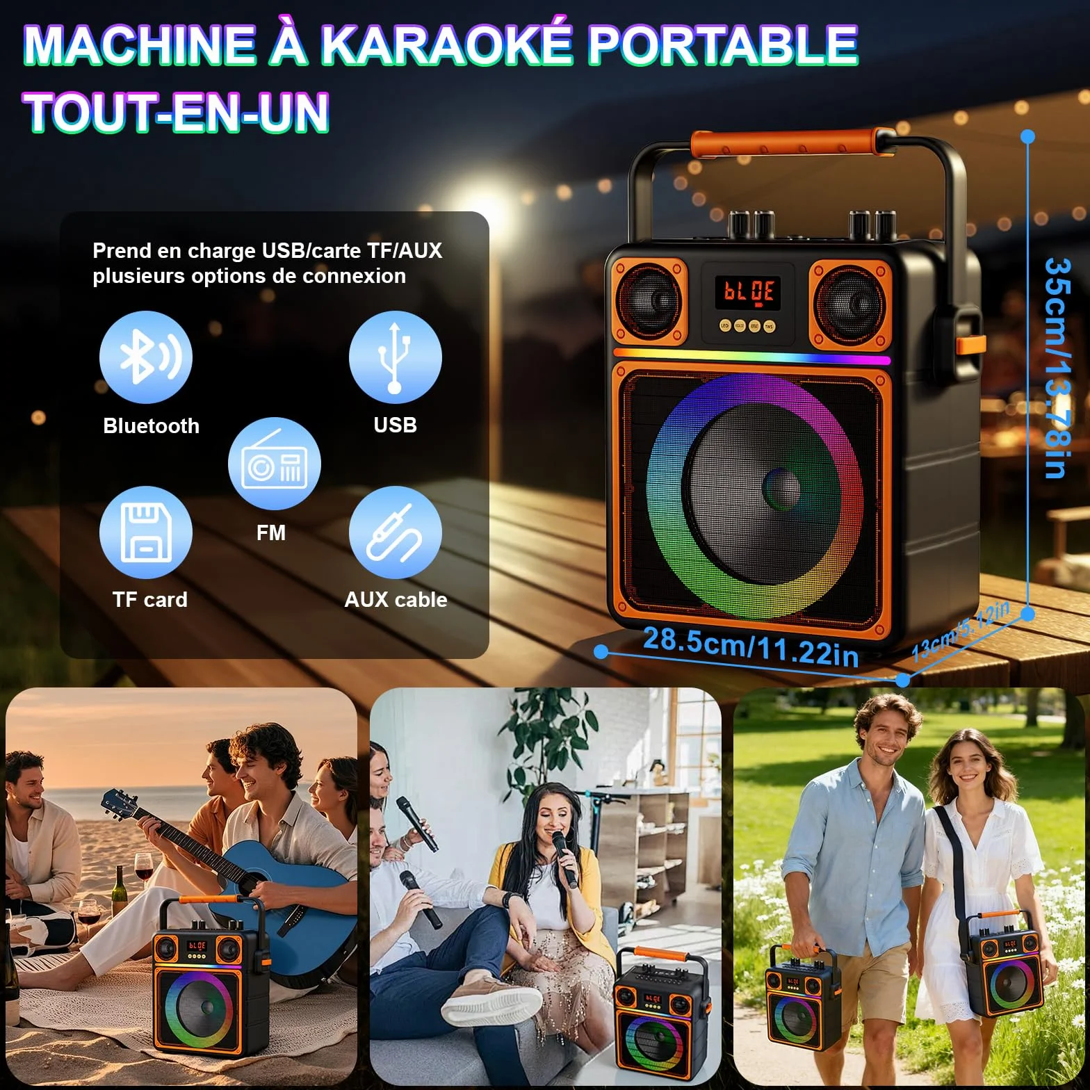 Machine de Karaoké Bluetooth Portable avec 2 Microphones Sans Fil, Haut-Parleur avec Lumières Disco, Supporte TWS/FM/AUX/USB/TF