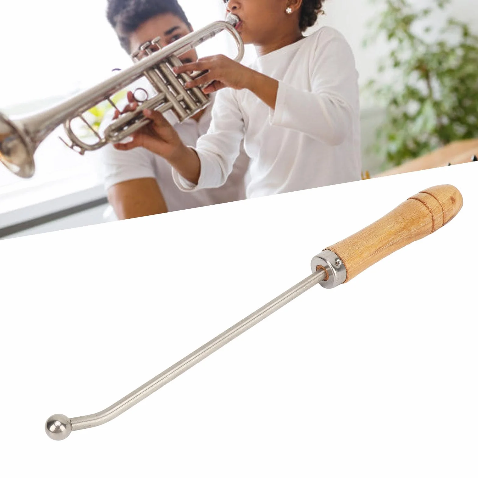 Outil de Réparation de Trompette, Tête Sphérique en Métal, Corne, Trombone, Outils d'Entretien du Cou avec Manche en Bois