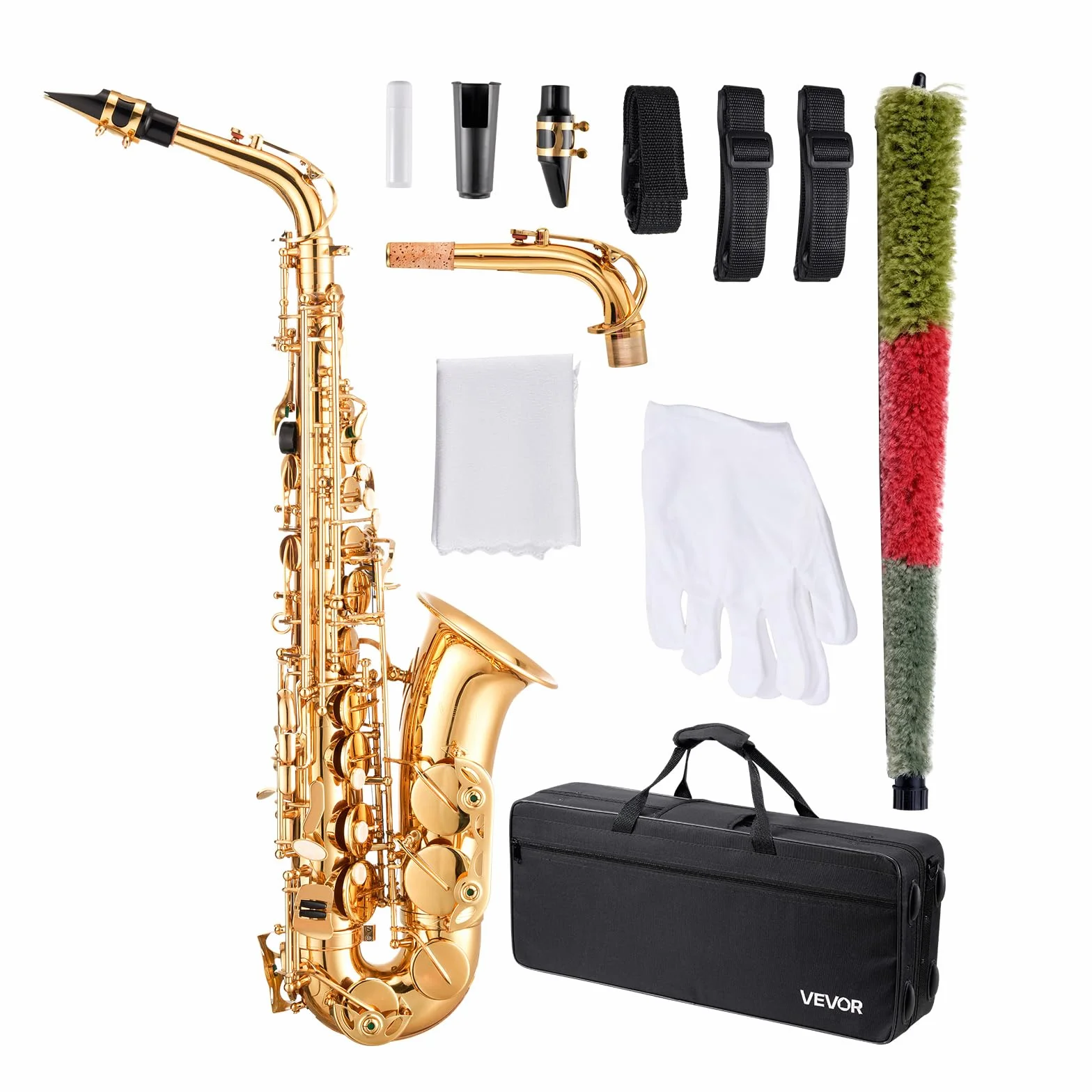 VEVOR Saxophone Alto Mi Bémol Débutants Laiton Résistant Étui Transport Bec Sangles Chiffon Nettoyage Gants Sangle Cou 23 Touches Doré
