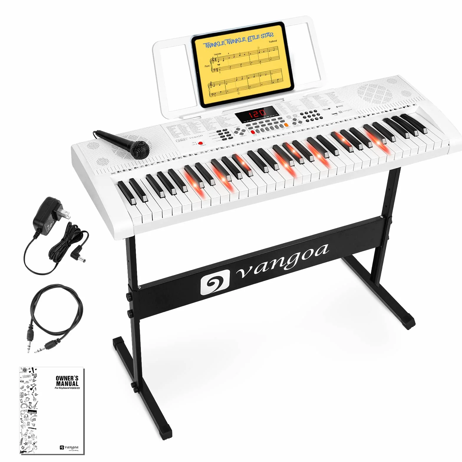 Vangoa Clavier Électronique 61 Touches Lumineuses avec Support Piano, Microphone, 600 Timbres, 400 Rythmes