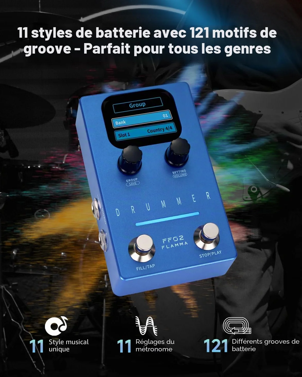 FLAMMA FF02 Pédale de guitare machine à tambour 121 rainures batterie 11 genres Tap Tempo rythmes personnalisables E/S stéréo