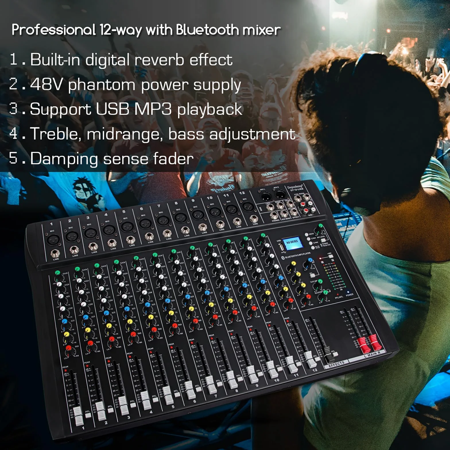 Depusheng DT12 Console de mixage audio studio 12 canaux avec interface contrôleur DJ USB alimentation 48V