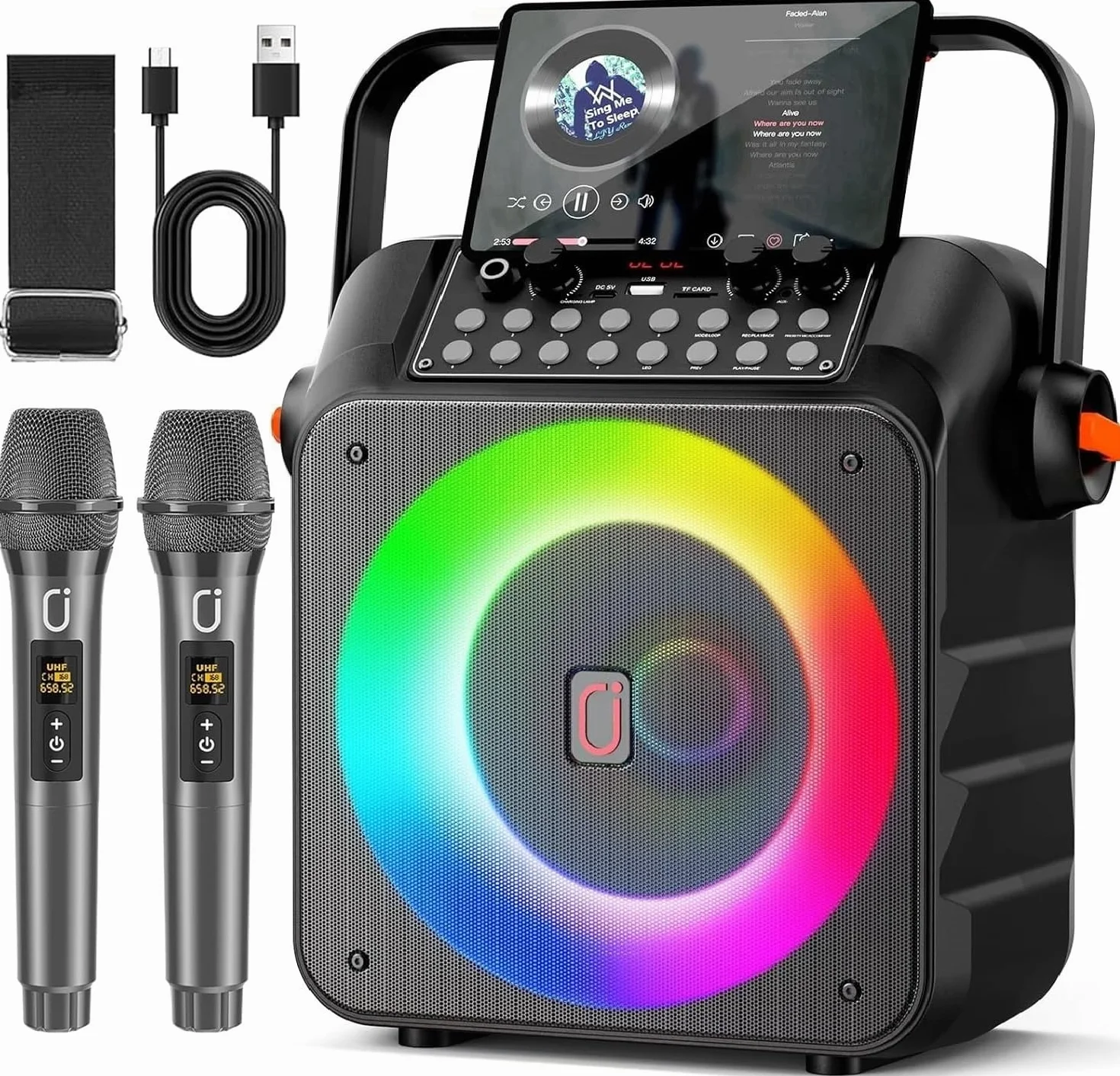 Karaoke Adulte Bluetooth 5.3 avec 2 Microphones, 80W Enceinte Portable LED