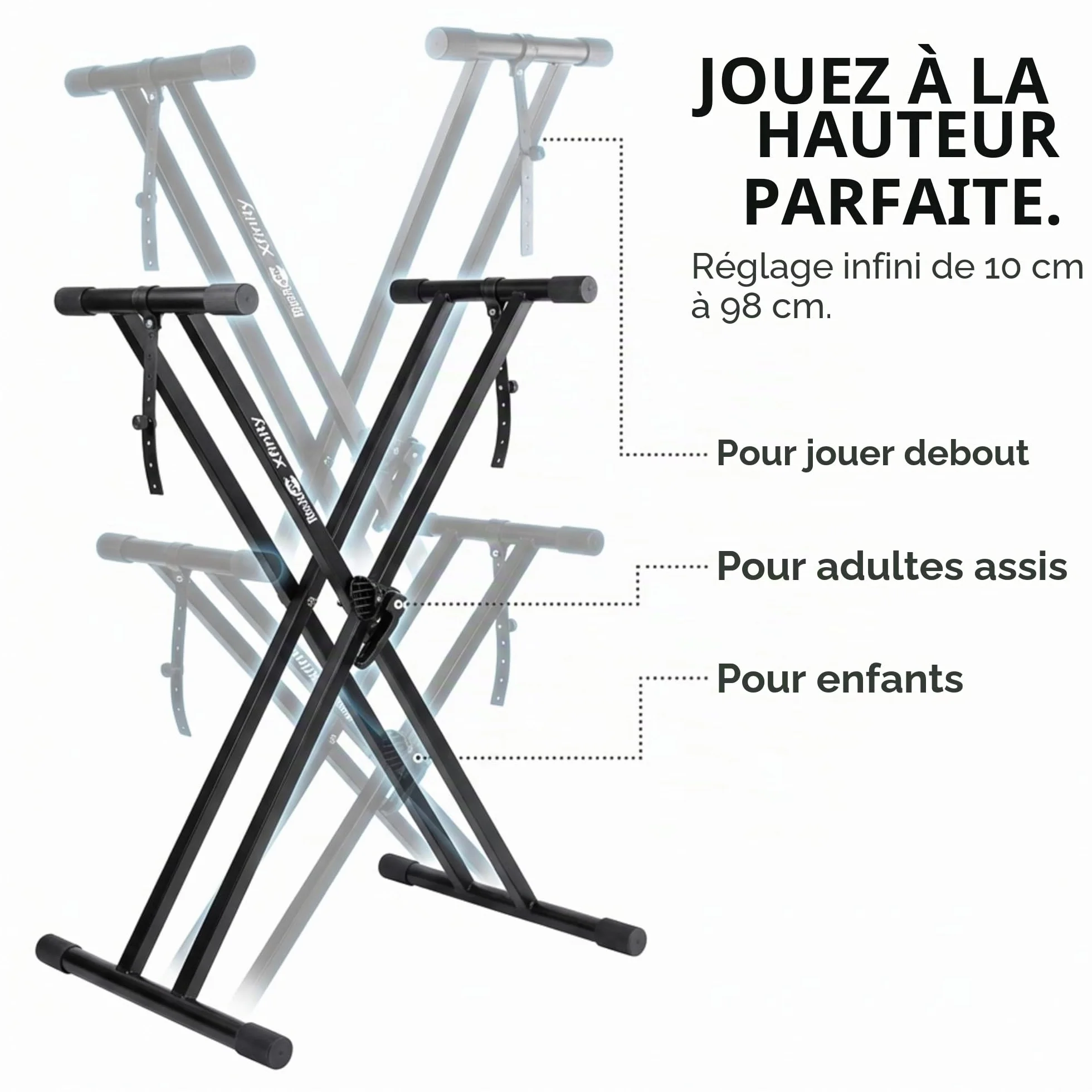 Windsor RockJam RJXX363 Support de Clavier Robuste Double X Réglable avec Déverrouillage Rapide et Verrou de Sécurité