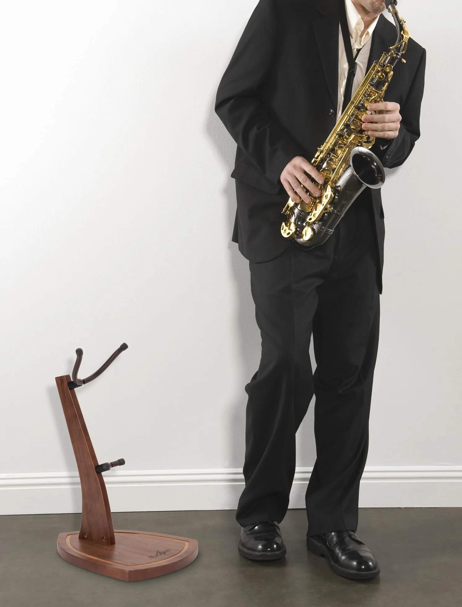 Porte-Saxophone en Bois de Noyer pour Saxophone Alto et Ténor - Support en Bois Massif avec Embouts en Silicone Doux