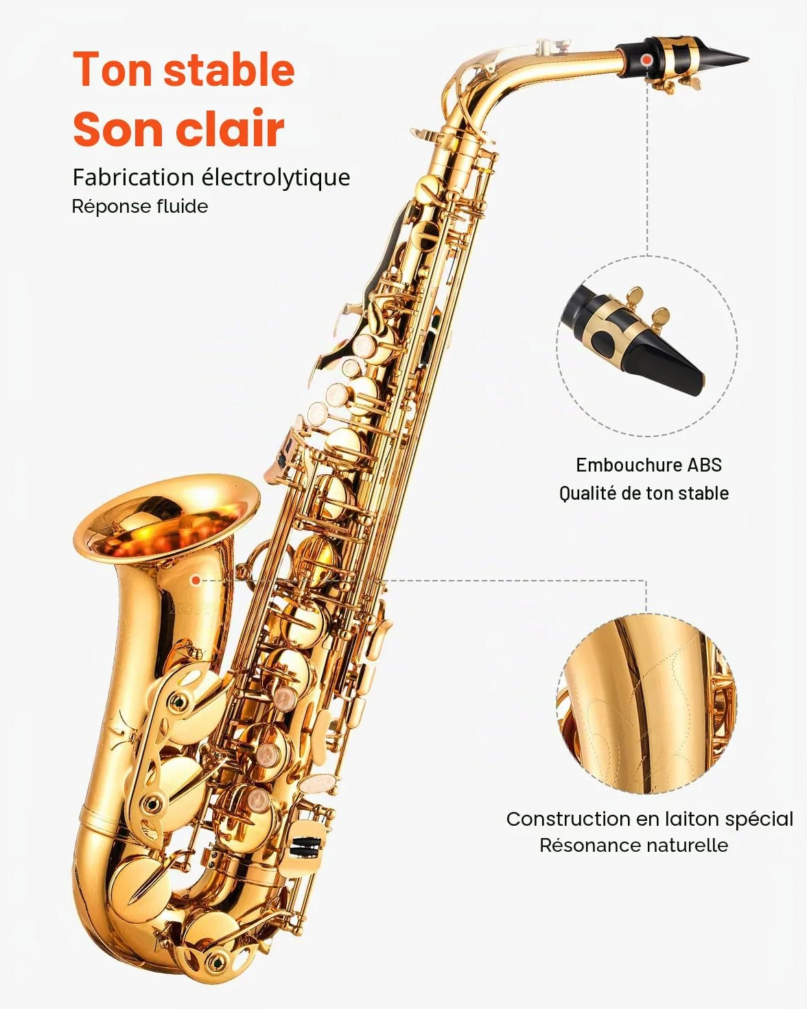 VEVOR Saxophone Alto Mi Bémol Débutants Laiton Résistant Étui Transport Bec Sangles Chiffon Nettoyage Gants Sangle Cou 23 Touches Doré