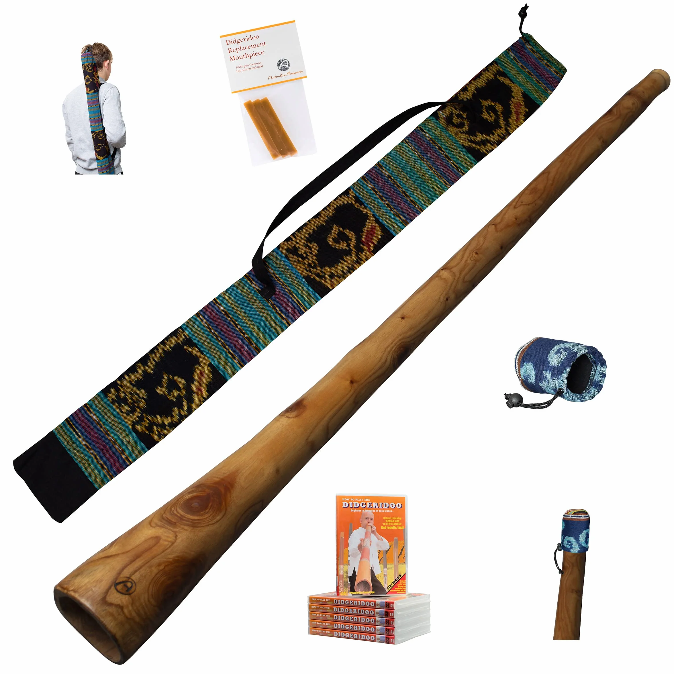 Didgeridoo Acajou série PRO 147cm avec sac I-cat, protecteur d'embouchure, DVD et cire d'abeille