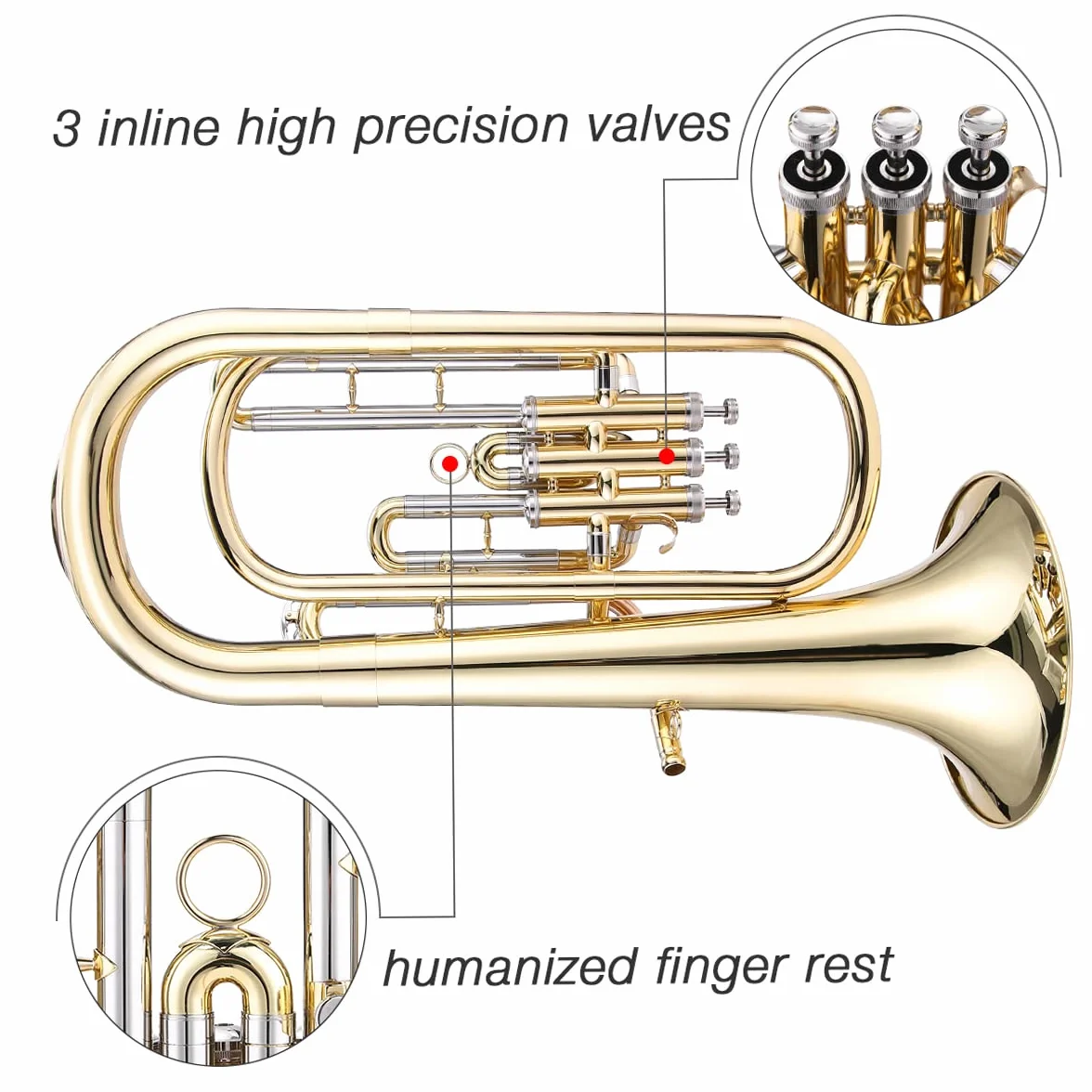 Barytonhorn Bb Brass Style Piston Goldlac-k Surface Instrument à vent avec gants, chiffon de nettoyage
