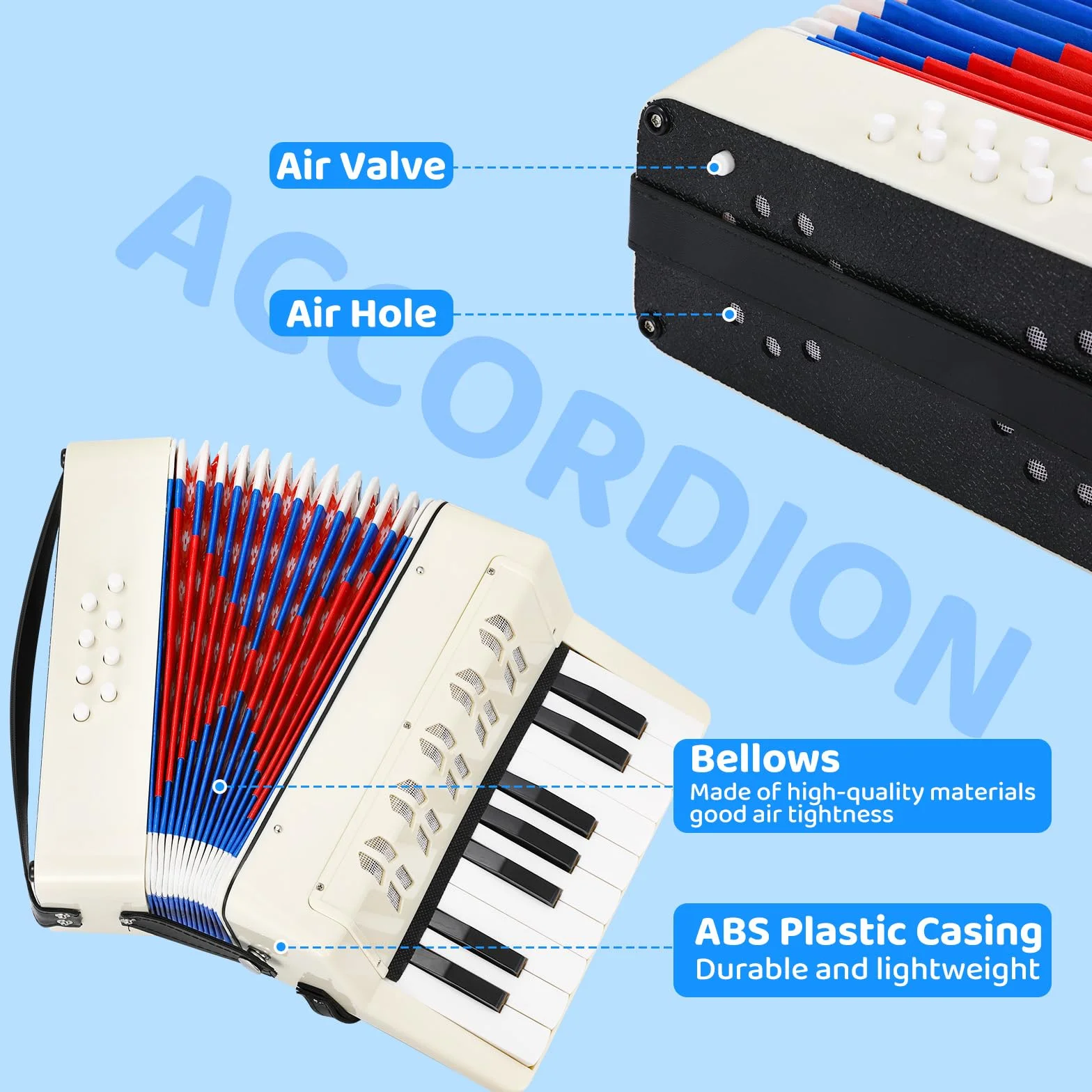 Accordéon pour Enfants 17 Touches 8 Basses Diatonique avec Sangles Réglables Blanc Cadeau Débutants