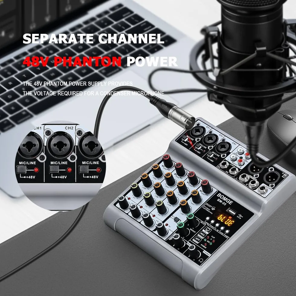 BOMGE Table de mixage audio 5 canaux USB Bluetooth effet retard d'écho alimentation fantôme 48 V mixeur DJ stéréo