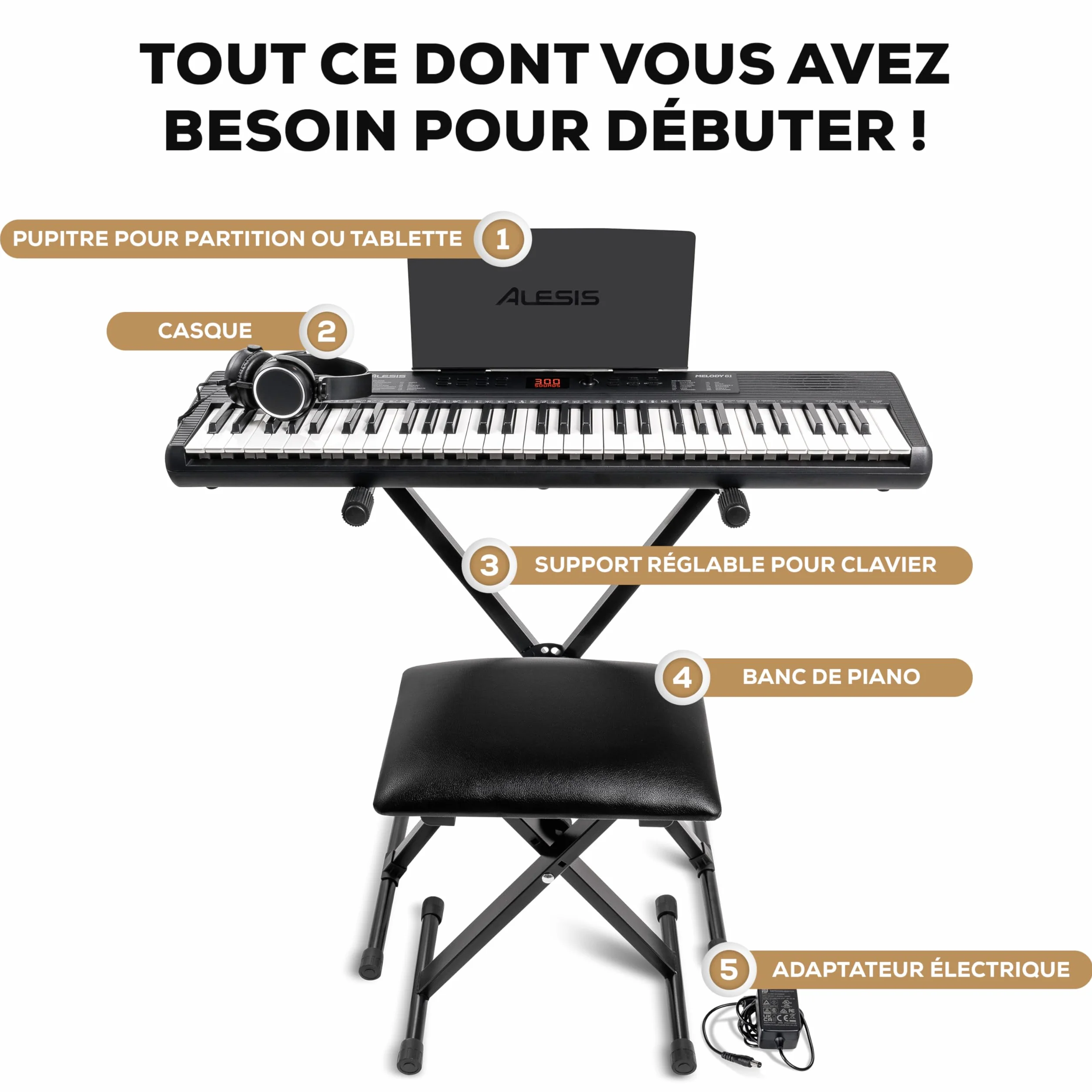Alesis Melody 61 Piano Numérique 61 Touches pour Débutants avec Haut-Parleurs, Support, Banc, Casque, Pupitre, 300 Sons
