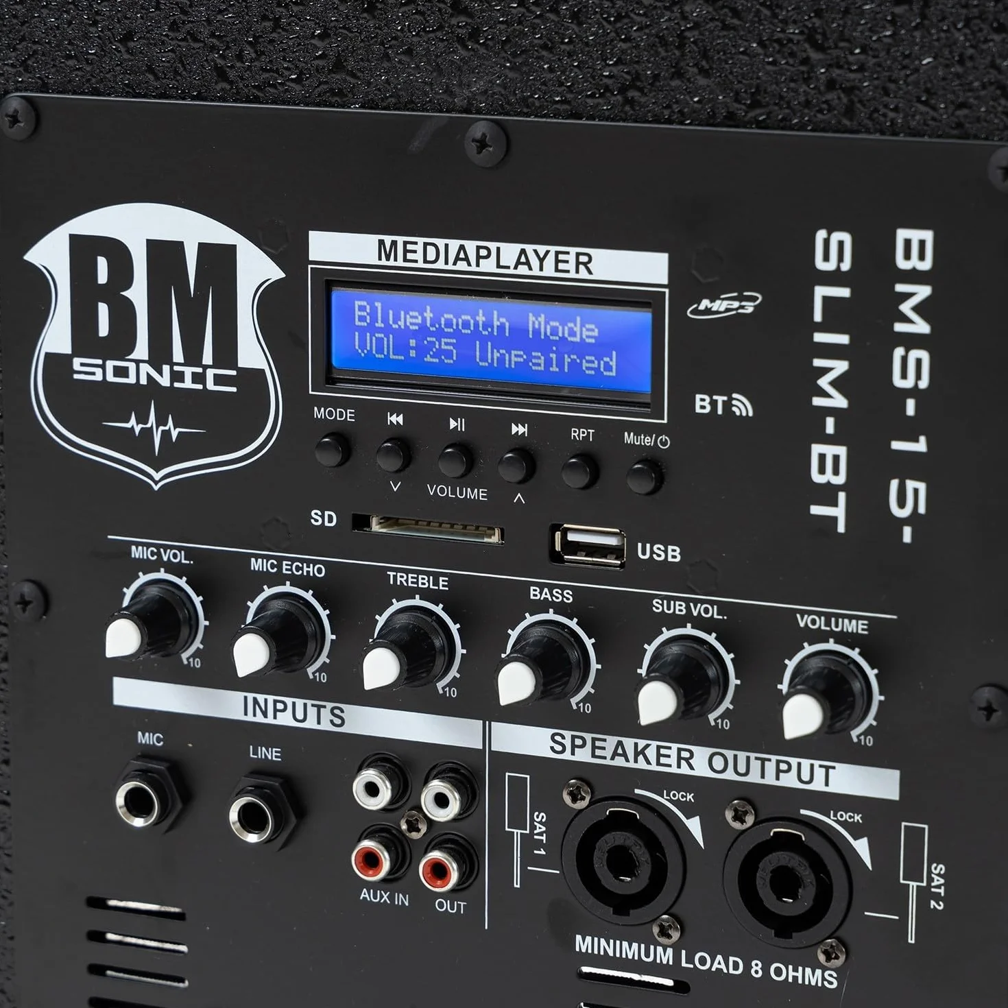 BM Bmsonic BMS-15-SLIM-BT 1200W Enceintes Satellites SUB 38cm USB/Bluetooth Pack Sonorisation DJ Complet