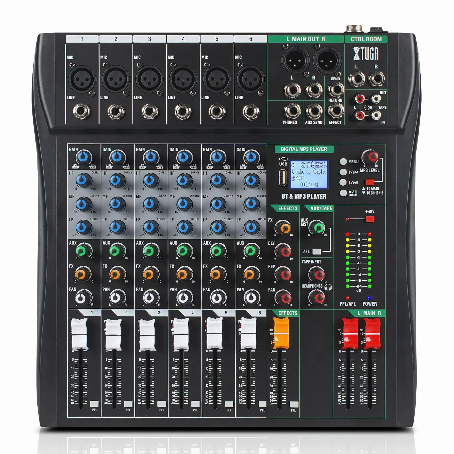 XTUGA CT60 Table de mixage audio 6 canaux avec effet numérique, alimentation fantôme 48V, entrée RCA XLR