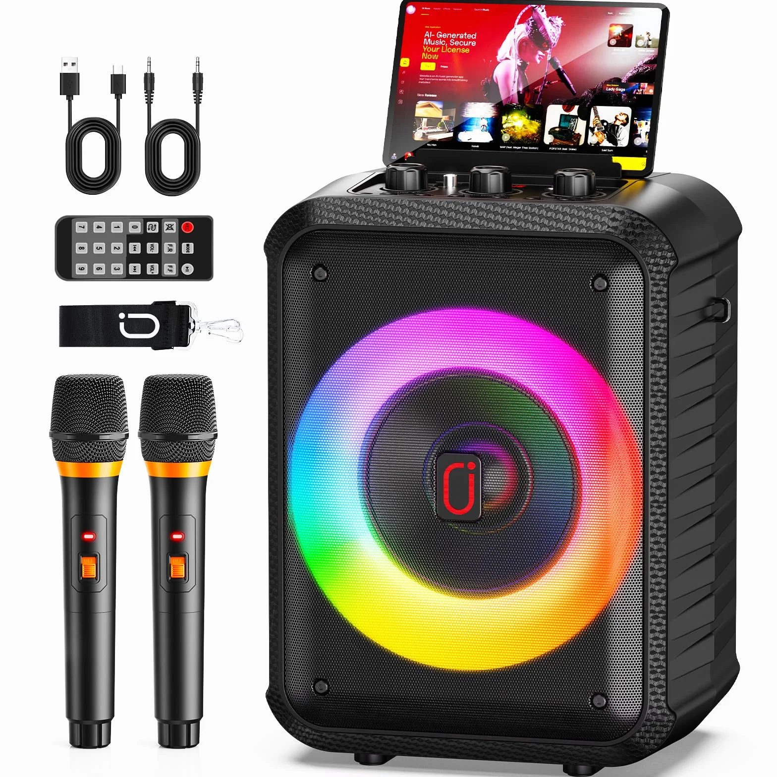 Enceinte Karaoke 120W 2 Micros sans Fil Bluetooth Portable avec Lumières LED