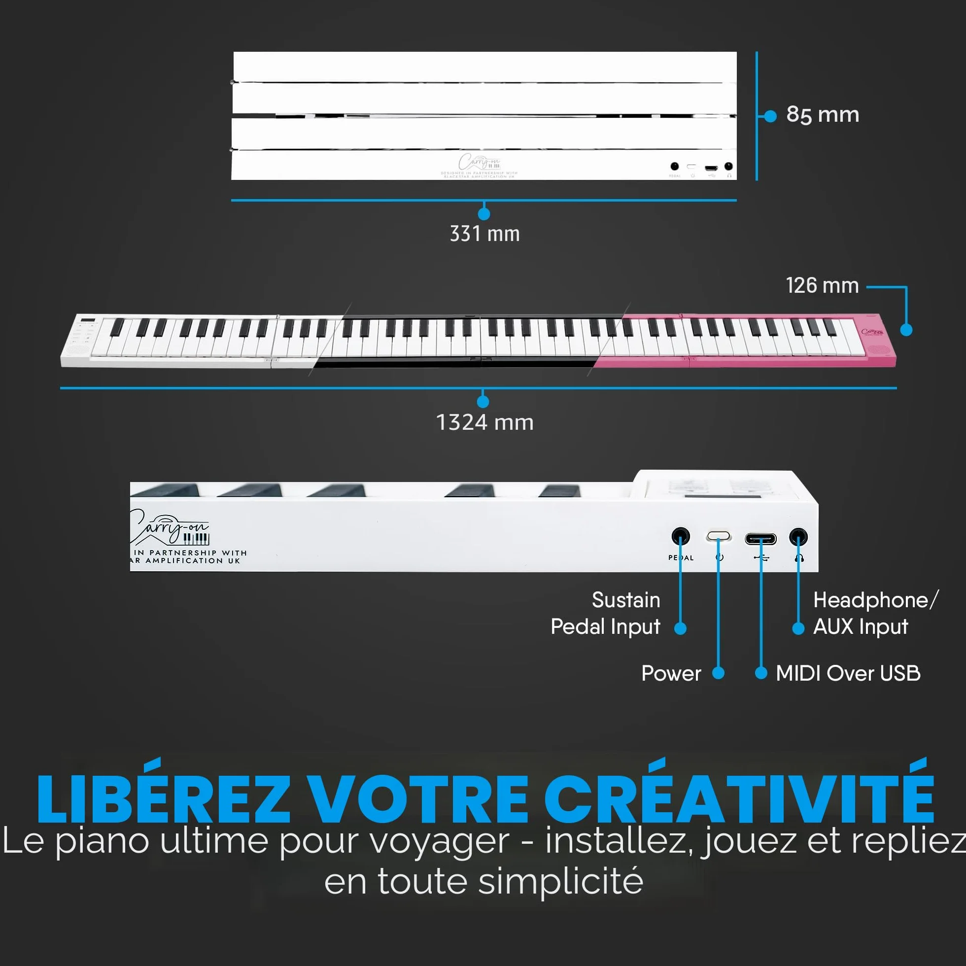 Blackstar Piano pliable portable 88 touches batterie rechargeable MIDI USB 128 sons 1,6 kg 33 cm