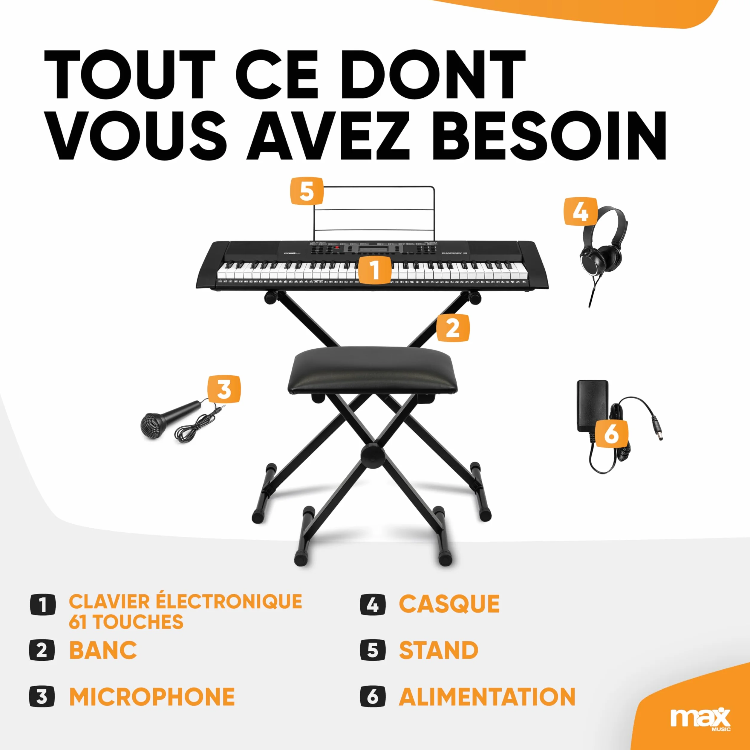 Max Rhapsody61 Clavier Électronique 61 Touches Pack Complet avec Casque Audio Stand Micro Banc Synthétiseur Débutant Deux Haut-parleurs Intégrés