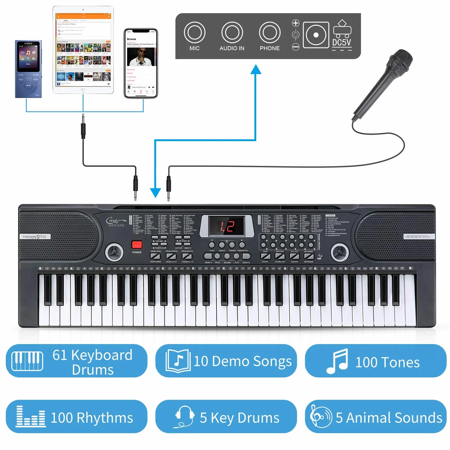 Clavier électronique 61 touches portable pour enfants avec microphone, pupitre (noir)