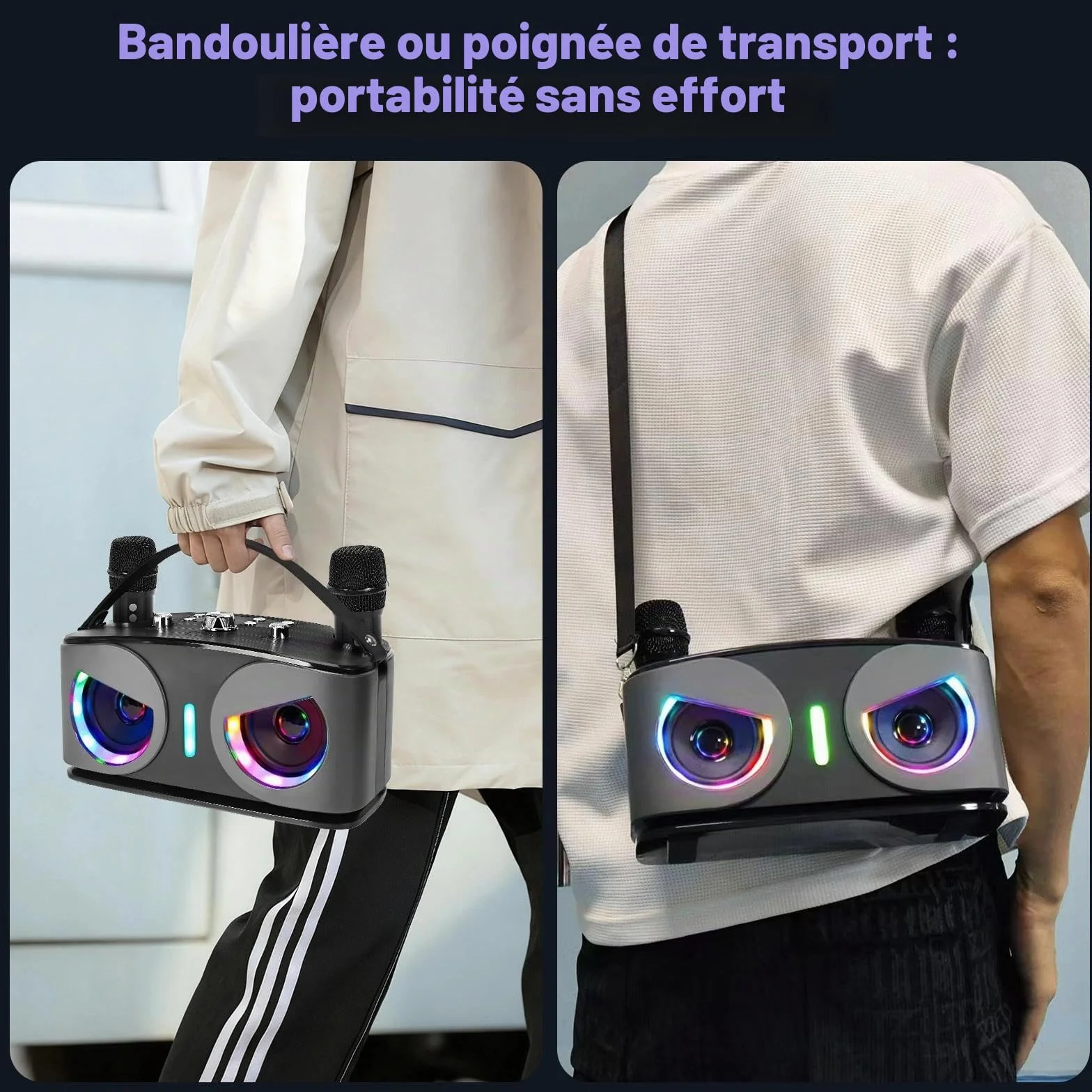 Machine de Karaoké Bluetooth Portable avec 2 Microphones sans Fil, Lumières Disco, Supporte TV/USB/AUX/TF/FM