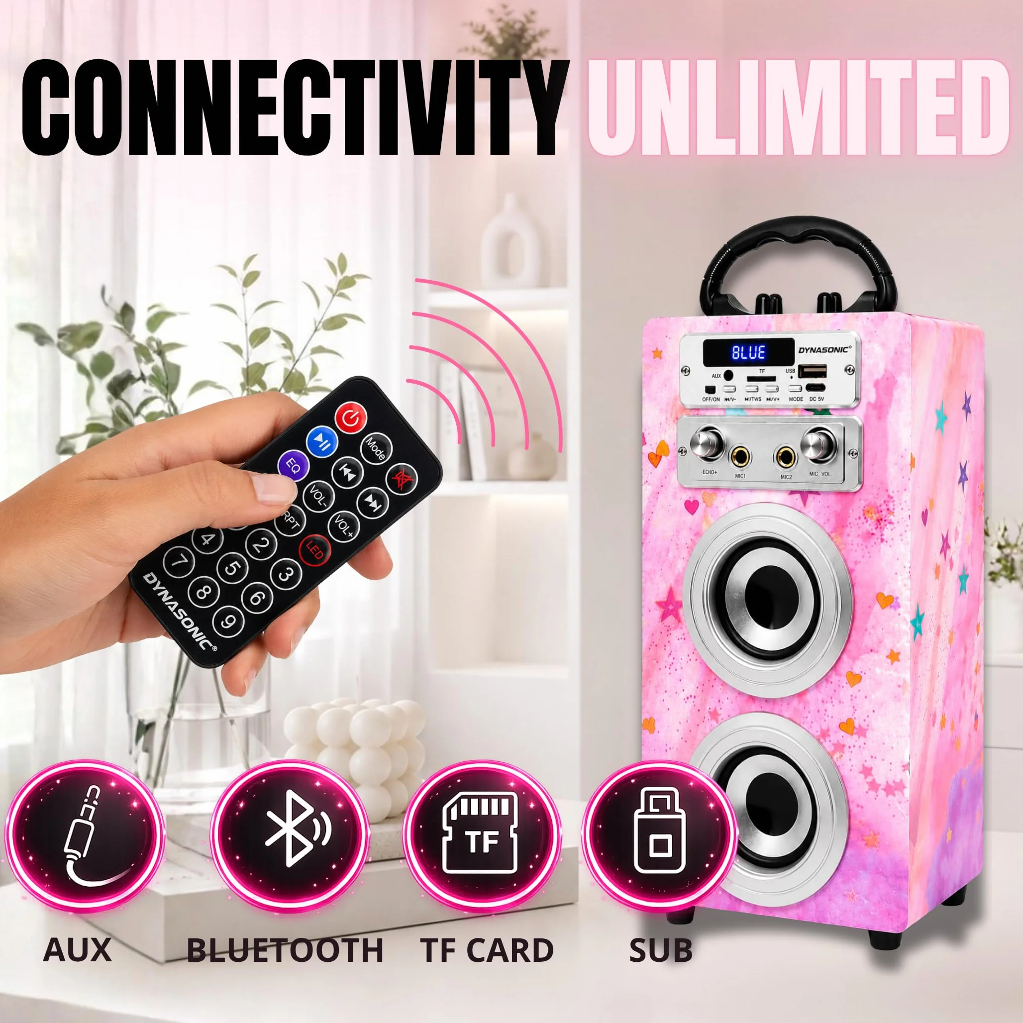 Dynasonic Machine Karaoké Portable Bluetooth 2 Microphones USB SD AUX Lumières LED Batterie Rechargeable