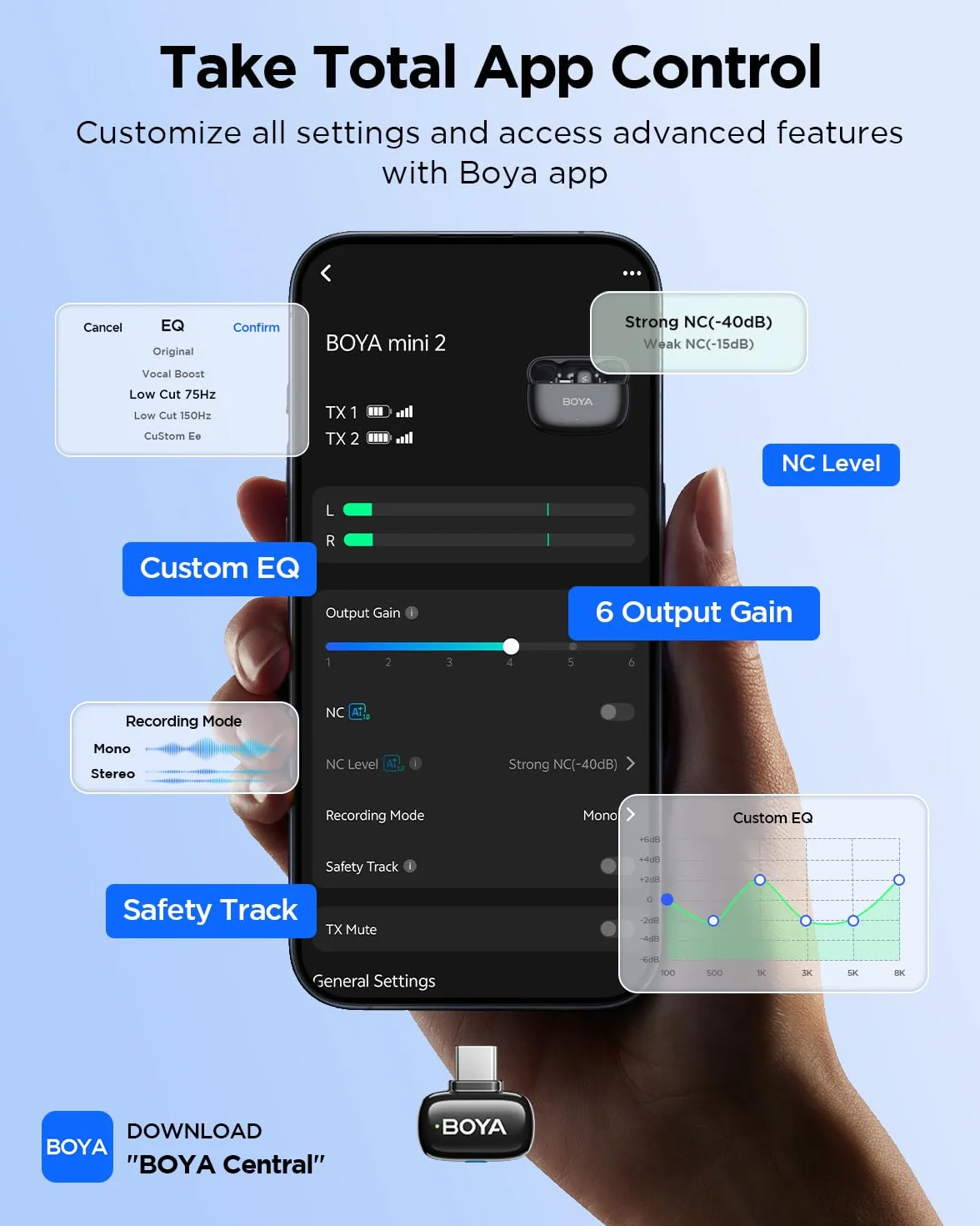 BOYA Mini 2 Micro Cravate sans Fil USB-C 2 Micros Ultra-Mini Réduction de Bruit par IA 40dB 48kHz/24Bit Contrôle par App pour Android iPhone 15/16/17 TikTok YouTube