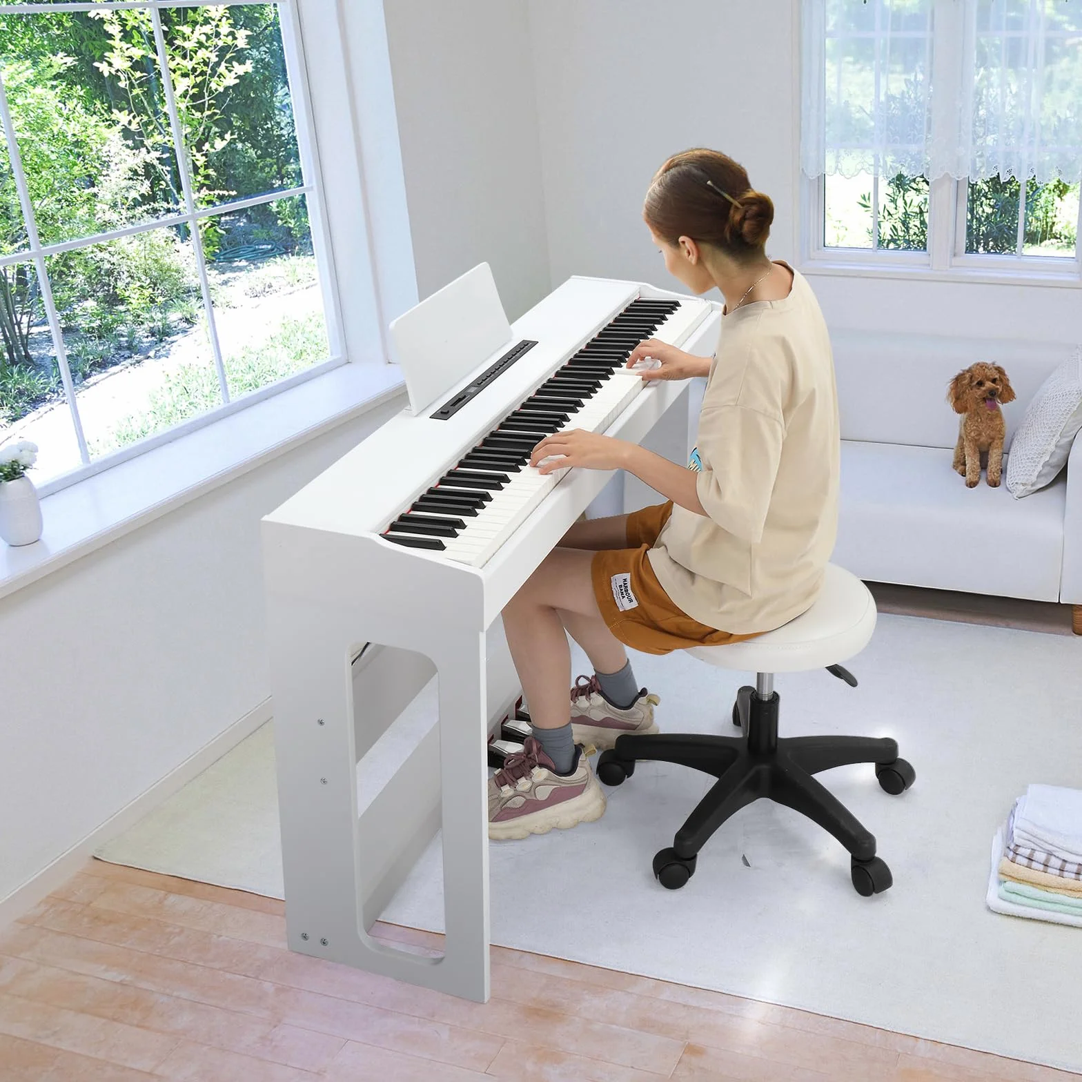 LEADZM Piano Numérique 88 Touches Lesté, Clavier Électrique avec MIDI-USB Bluetooth, 128 Sonorités, 3 Pédales (Blanc)