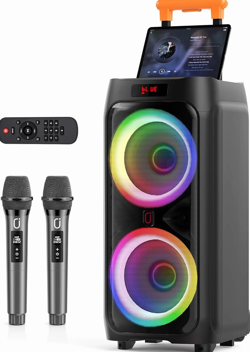 Enceinte Bluetooth 5.3 500W avec Subwoofer 8" et 2 Micros sans Fil, Système PA avec Lumières DJ pour Fêtes