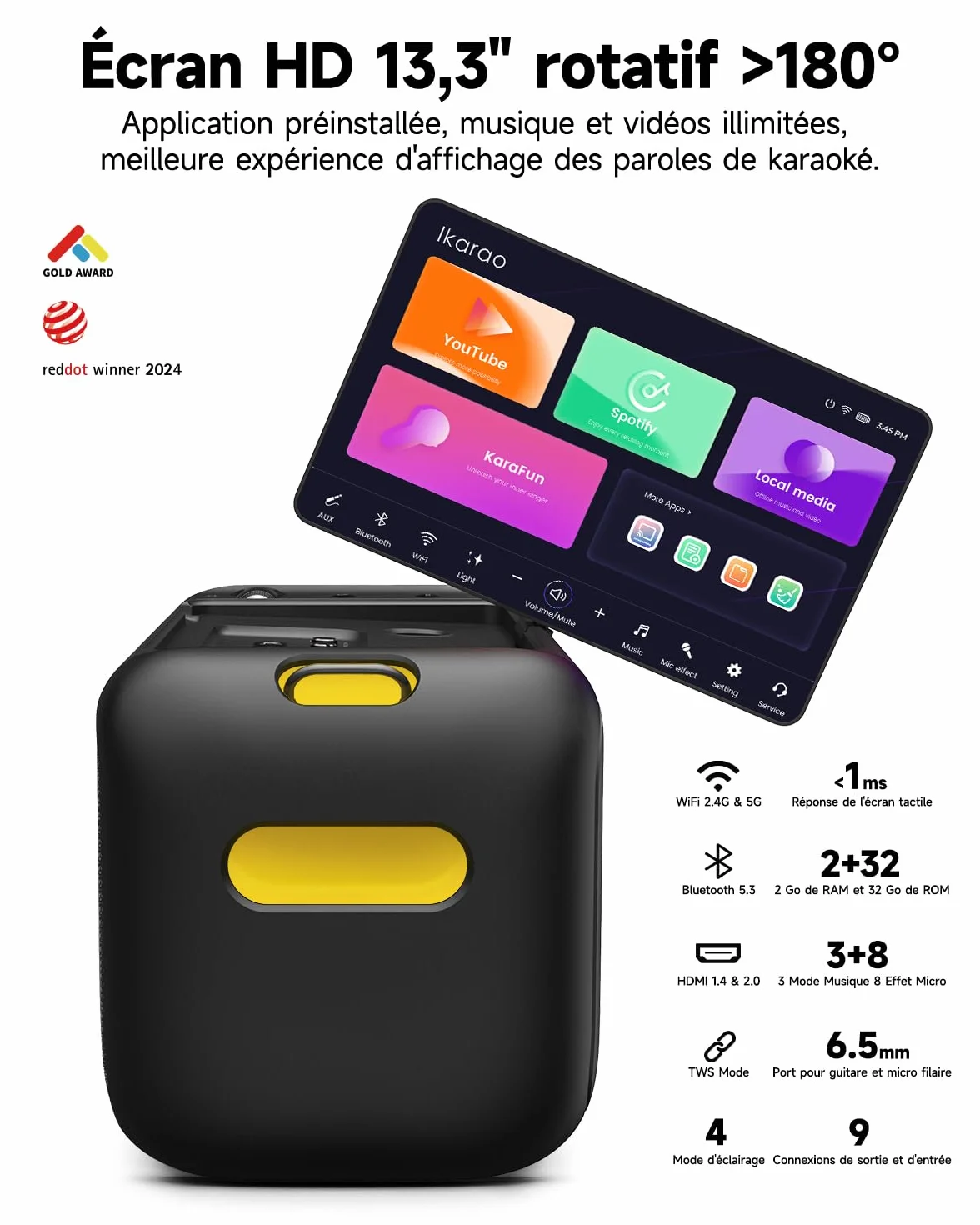 Ikarao Break X1 Machine de Karaoké avec Écran Tactile 13,3", Enceinte Bluetooth 800W, 2 Micros sans Fil et Éclairage LED
