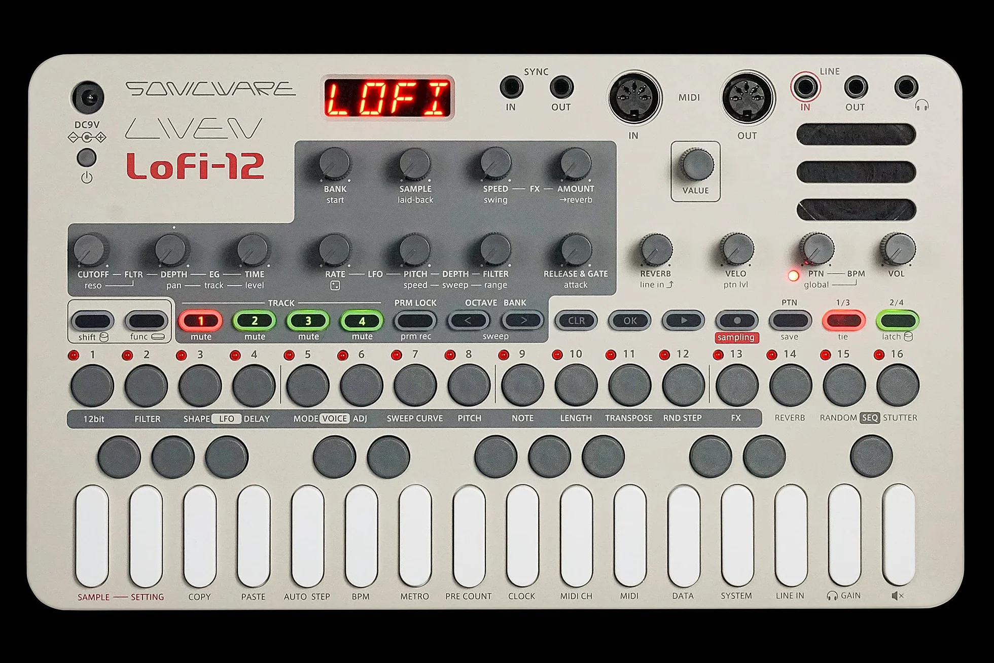 Sonicware LIVEN Lofi-12 Groovebox Sampler 12bit échantillonnage rétro séquenceur pas à pas 4 pistes 10 voix 12 effets