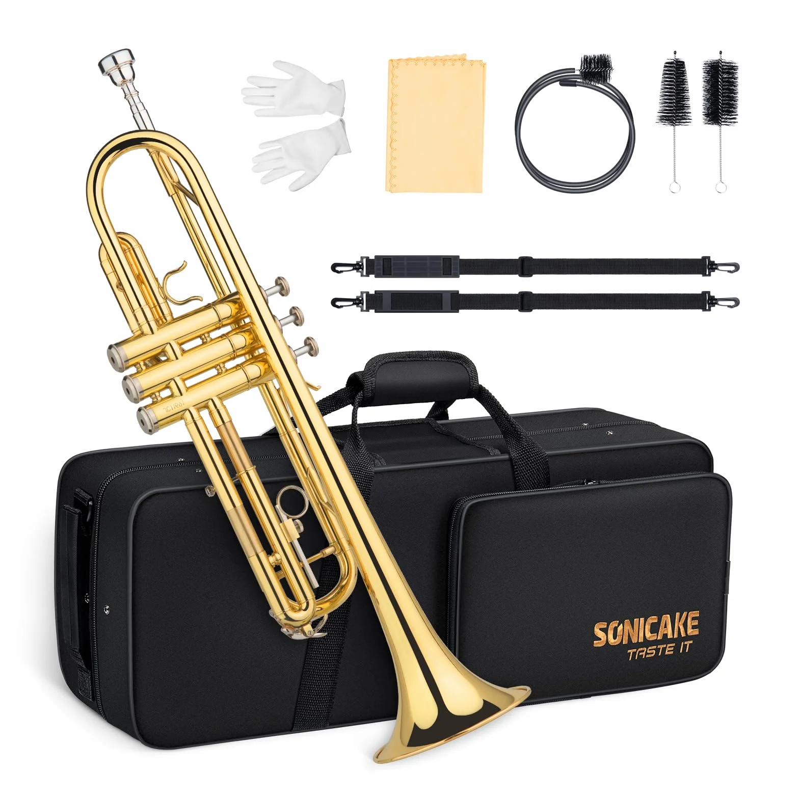 SONICAKE Trompette Bb Standard Débutants Laiton Doré Étui Rigide Embouchure 7C Gants QTP-01