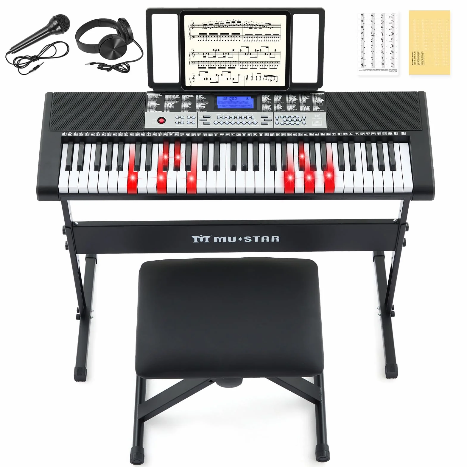MUSTAR Piano à clavier lumineux 61 touches, clavier numérique pour débutants avec support, tabouret, casque (Noir)
