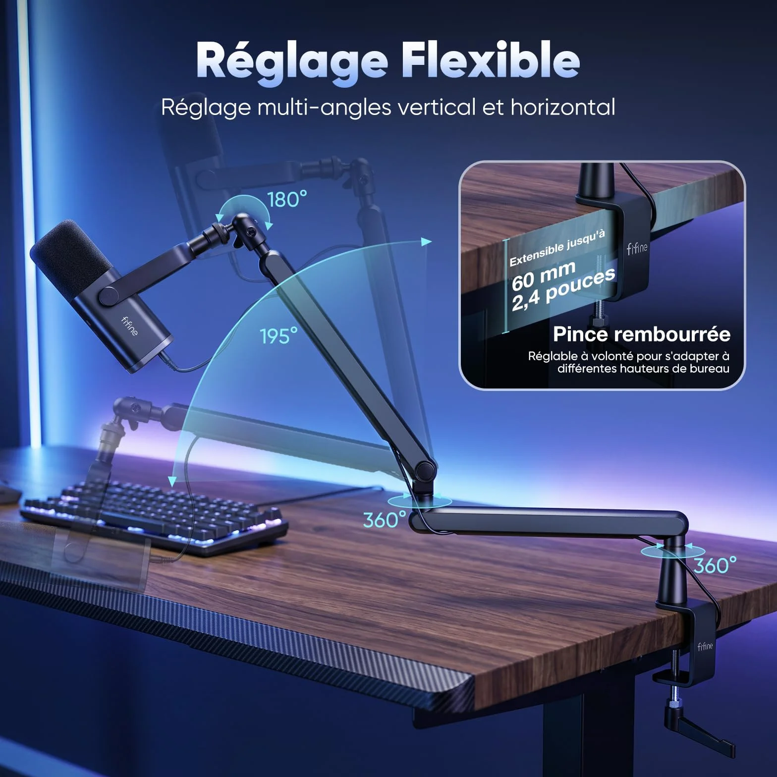 FIFINE Bras de Micro, Support Microphone avec Pince de Bureau, Adaptateur Vis, Gestion Câbles pour Podcast Streaming Studio Gaming